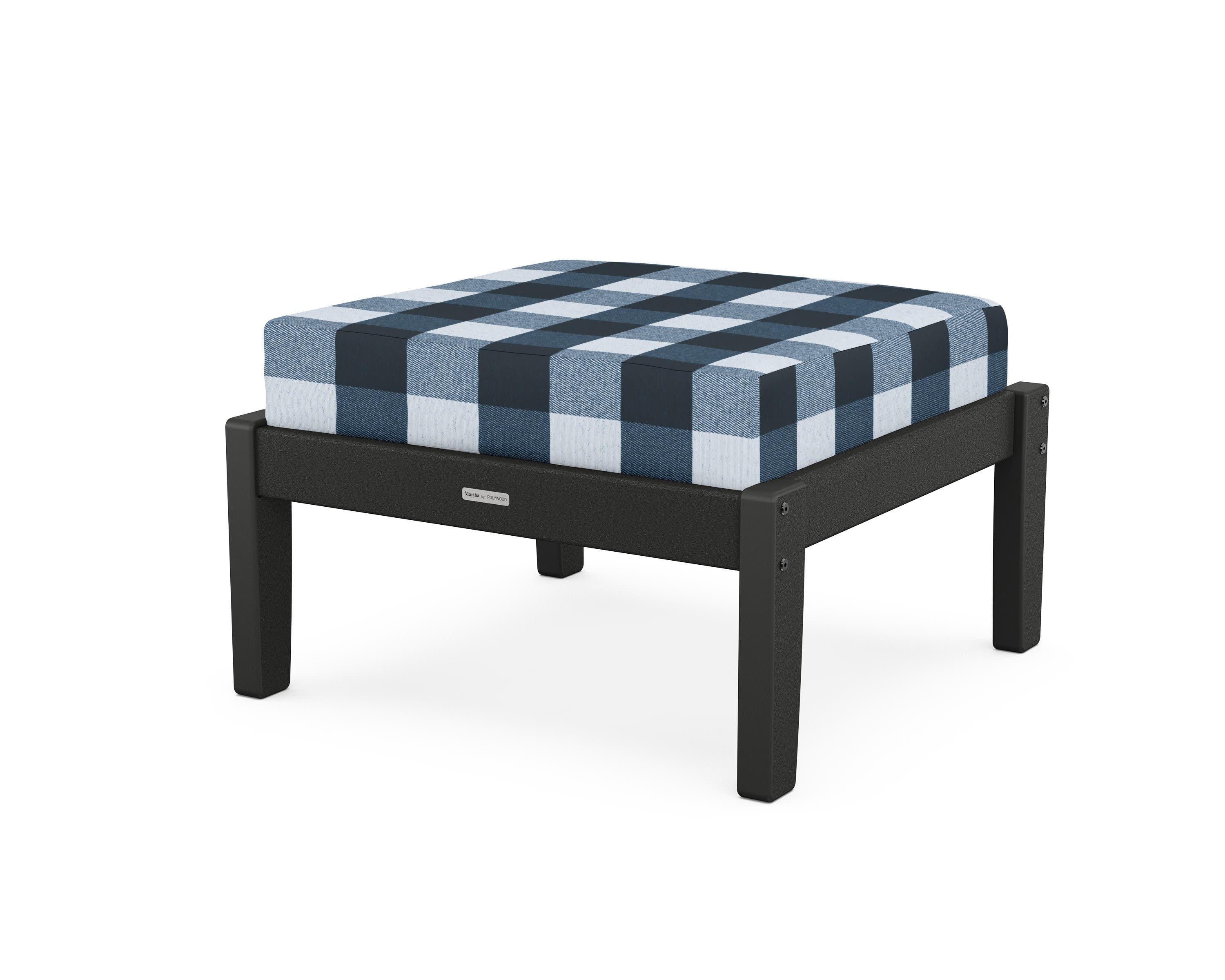 Chinoiserie Deep Seating Ottoman in Black / Buffalo Plaid Marine Indigo