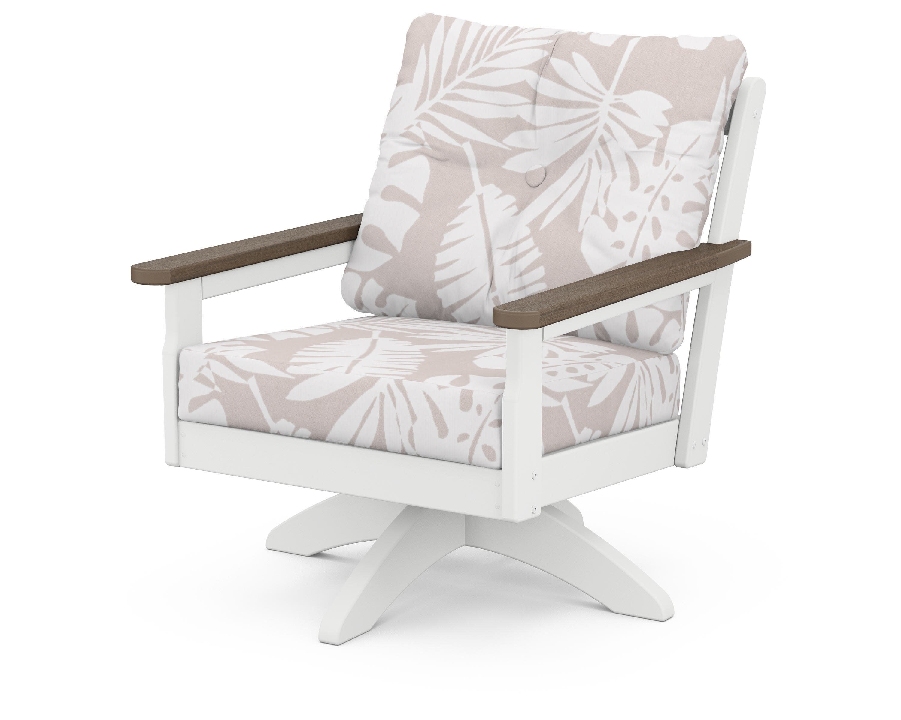 Vineyard Deep Seating Swivel Chair in White / Kona / Leaf Dune Burlap