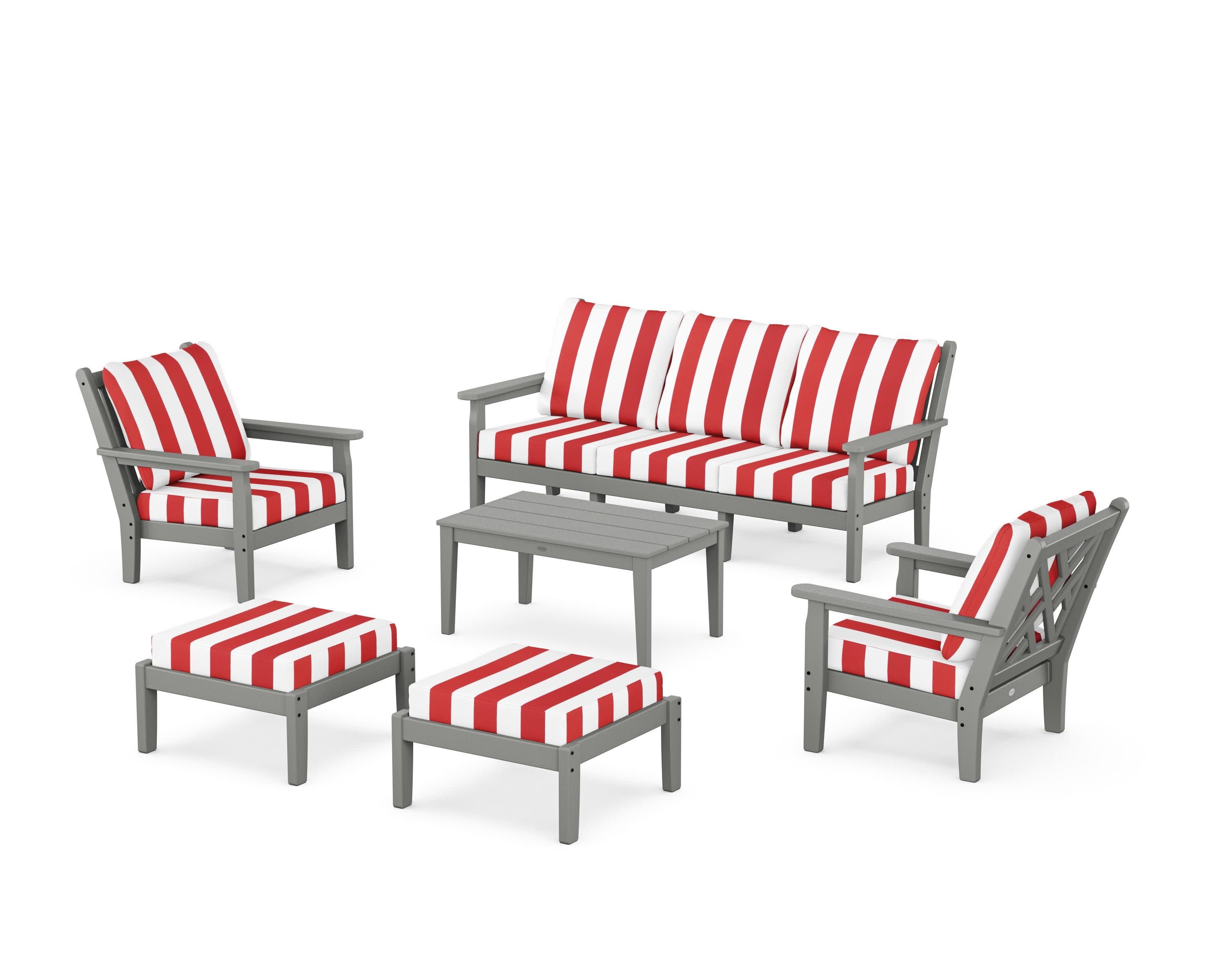 Chippendale 6-Piece Lounge Sofa Set in Slate Grey / Cabana Stripe Crimson