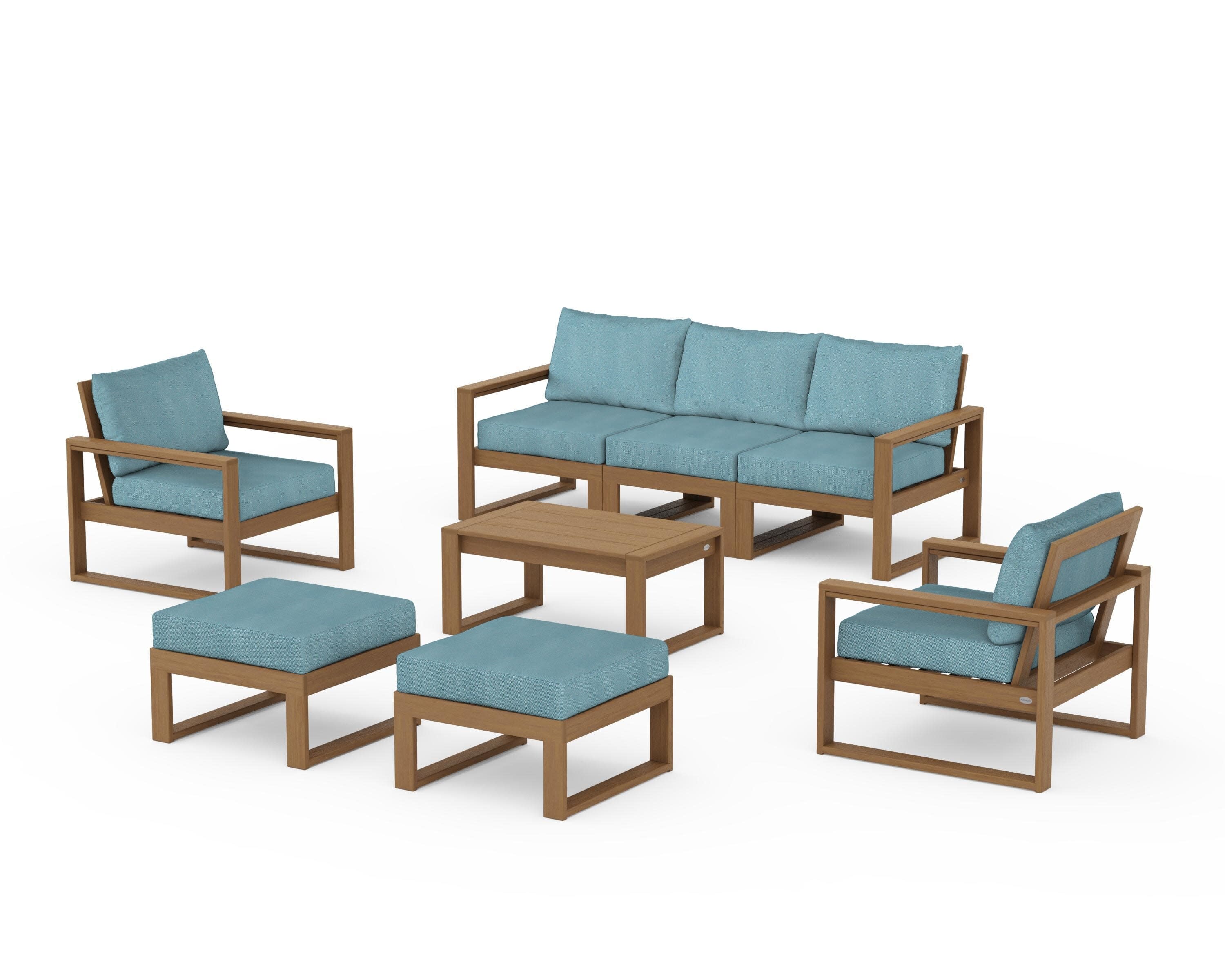 EDGE Sectional 8-Piece Lounge Sofa Set in Natural / Lattice Sky Blue