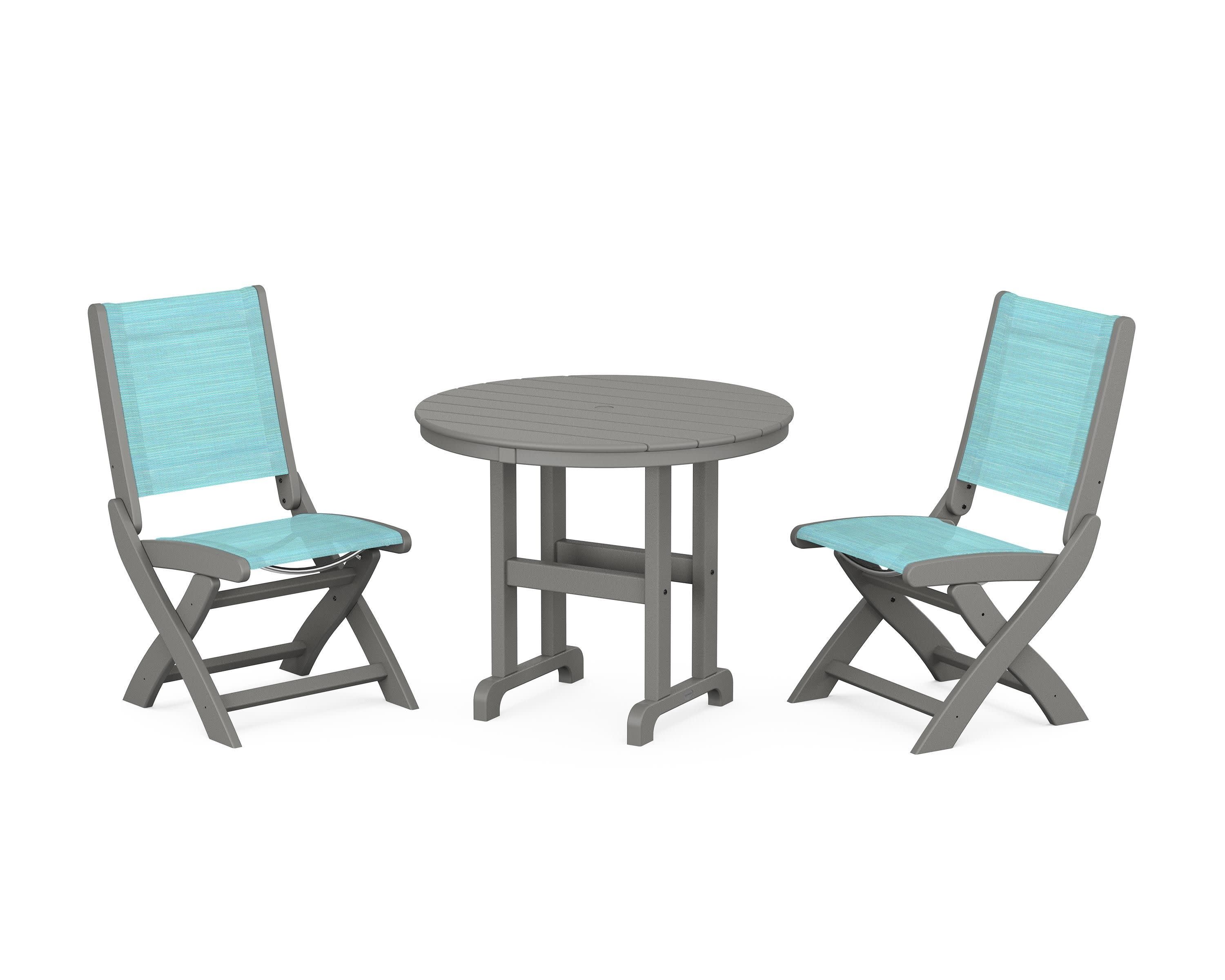 Coastal Folding Side Chair 3-Piece Round Dining Set in Slate Grey / Dupioni Aquamarine Sling