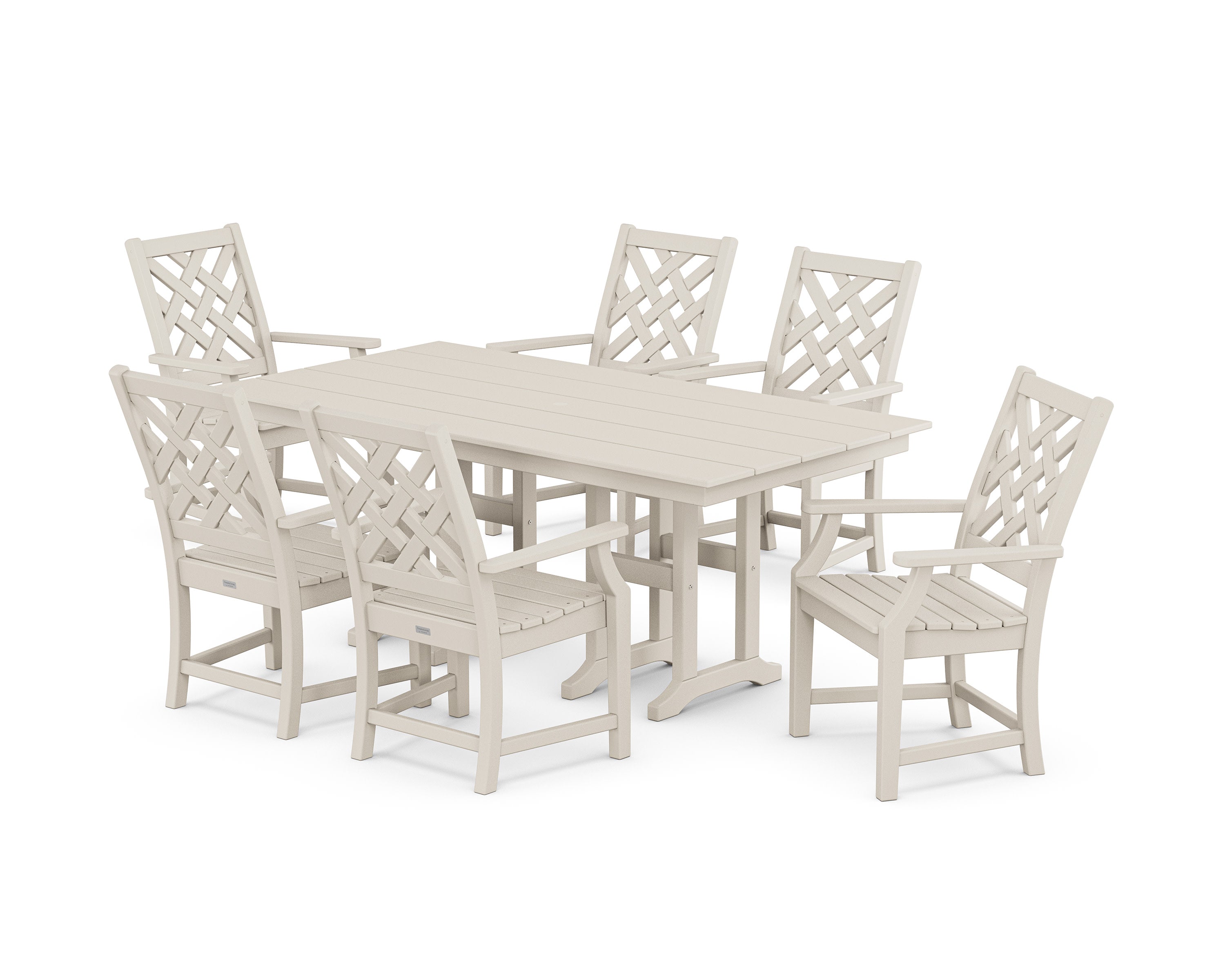 Wovendale Arm Chair 7-Piece Farmhouse Dining Set in Sand