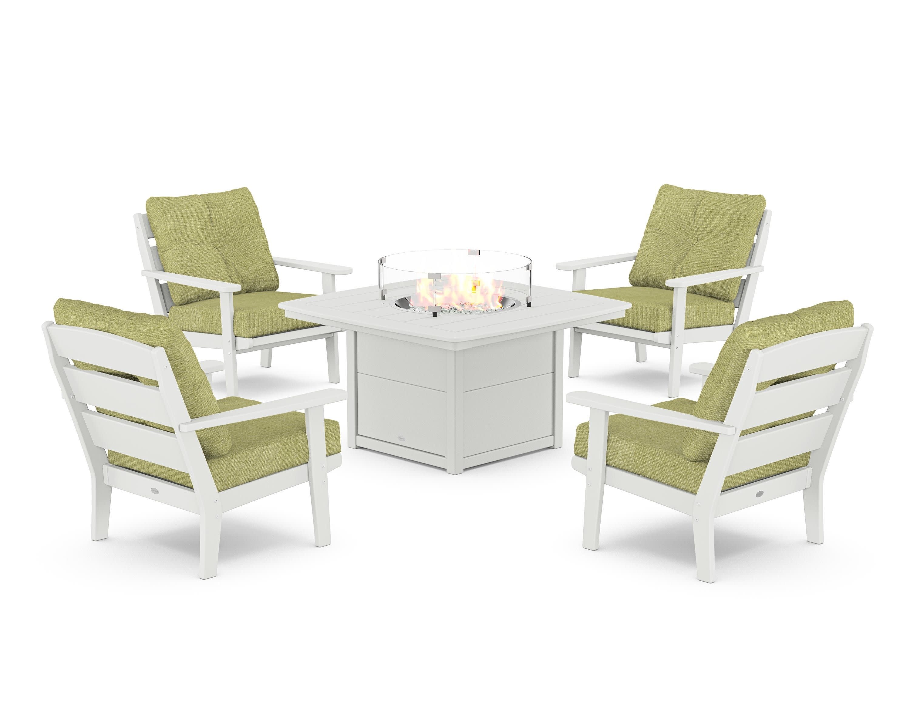 Lakeside 5-Piece Deep Seating Set with Nautical Fire Pit Table in White / Chartreuse Boucle