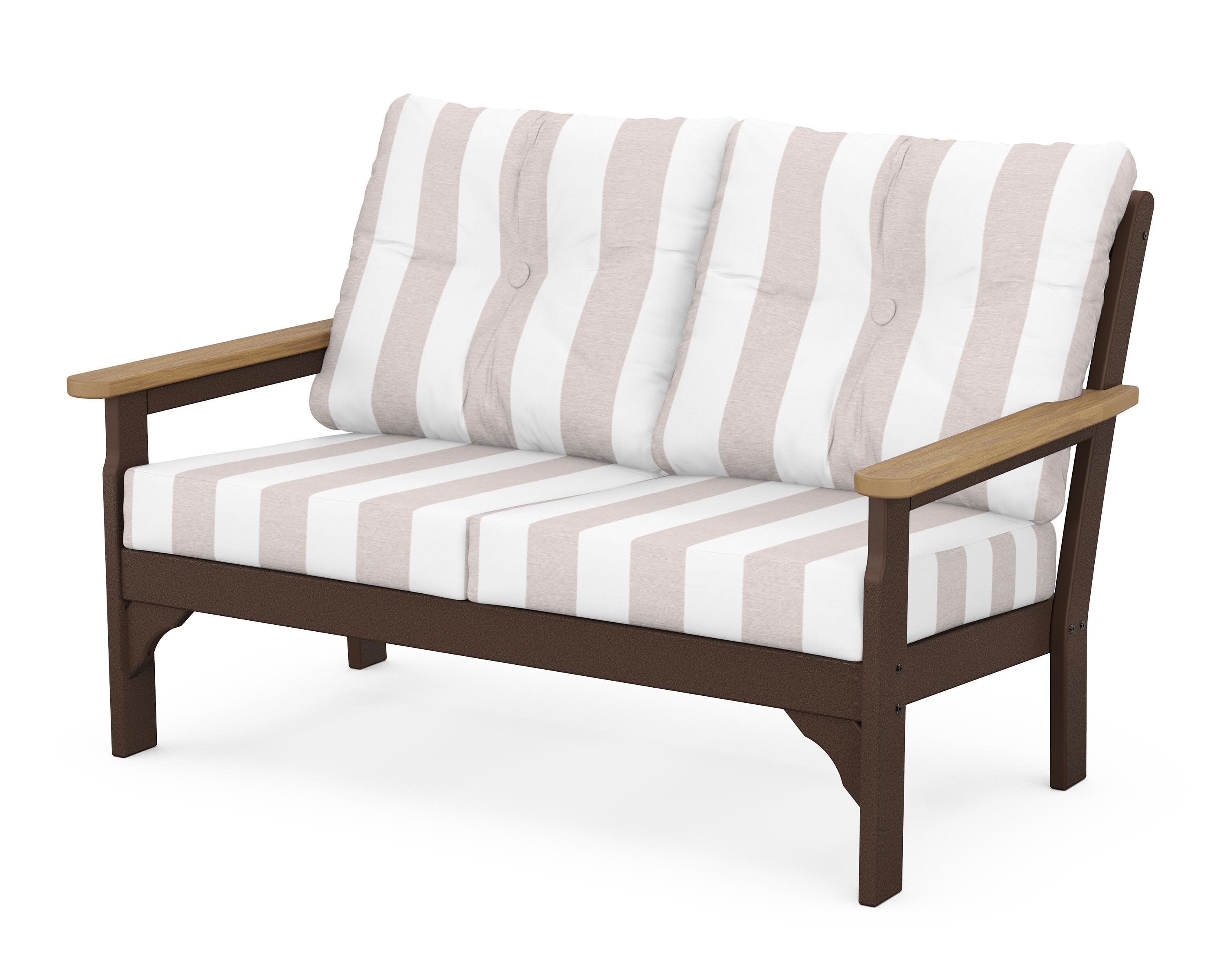 Vineyard Deep Seating Loveseat in Mahogany / Natural / Cabana Stripe Dune Burlap