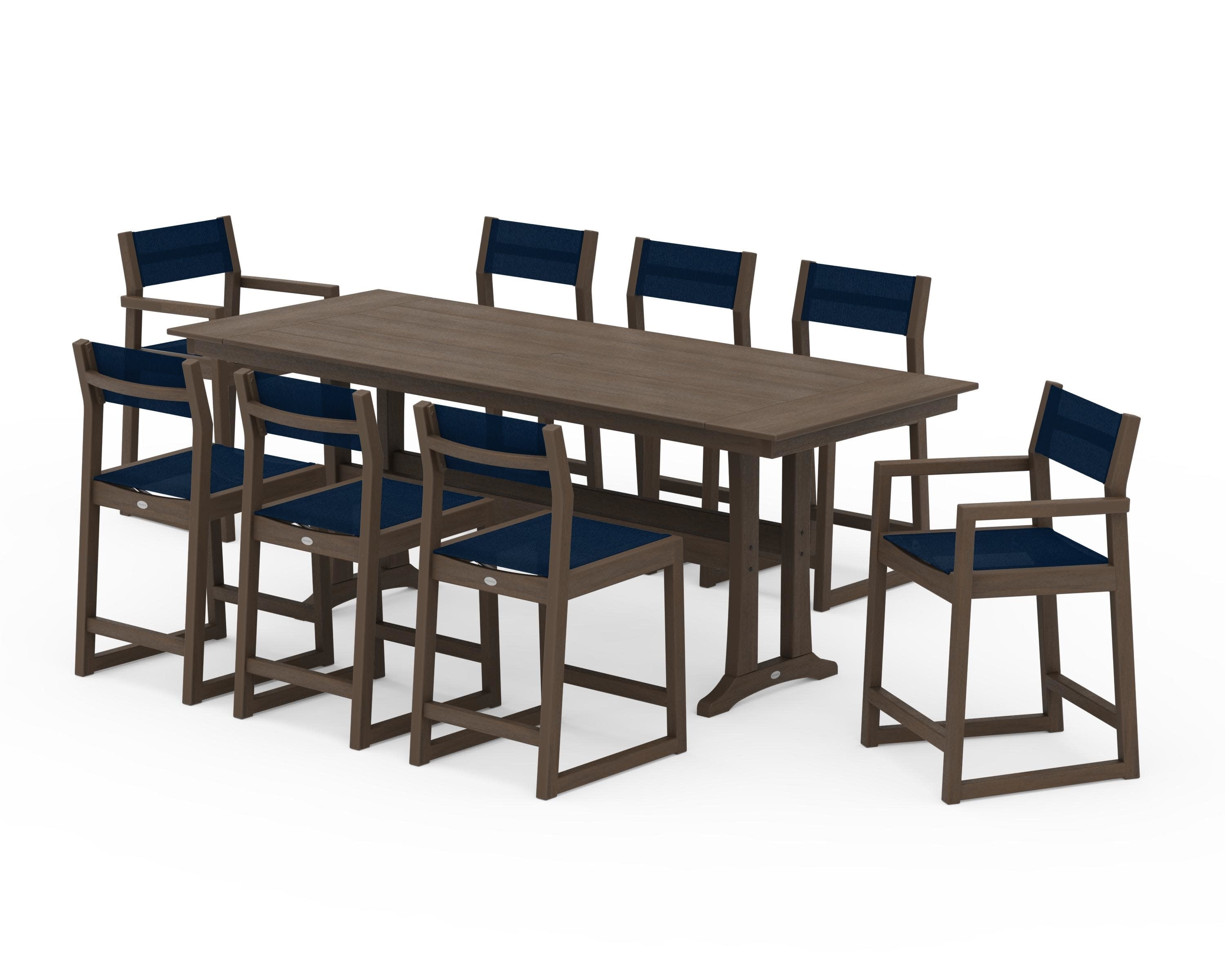 EDGE Sling 9-Piece Farmhouse Counter Set with Trestle Legs in Kona / Navy Blue Sling