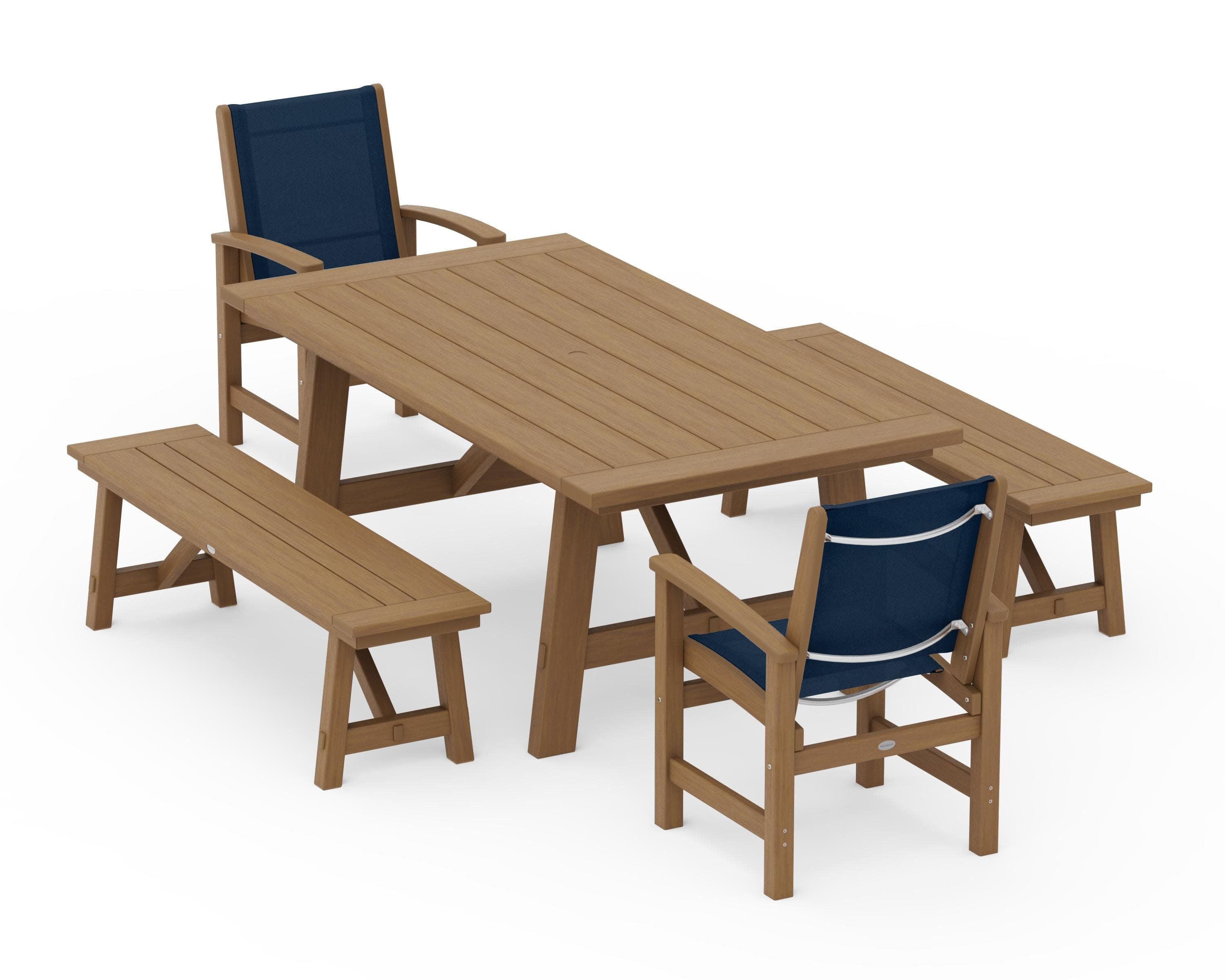 Coastal 5-Piece Rustic Farmhouse Dining Set With Benches in Natural / Navy Blue Sling