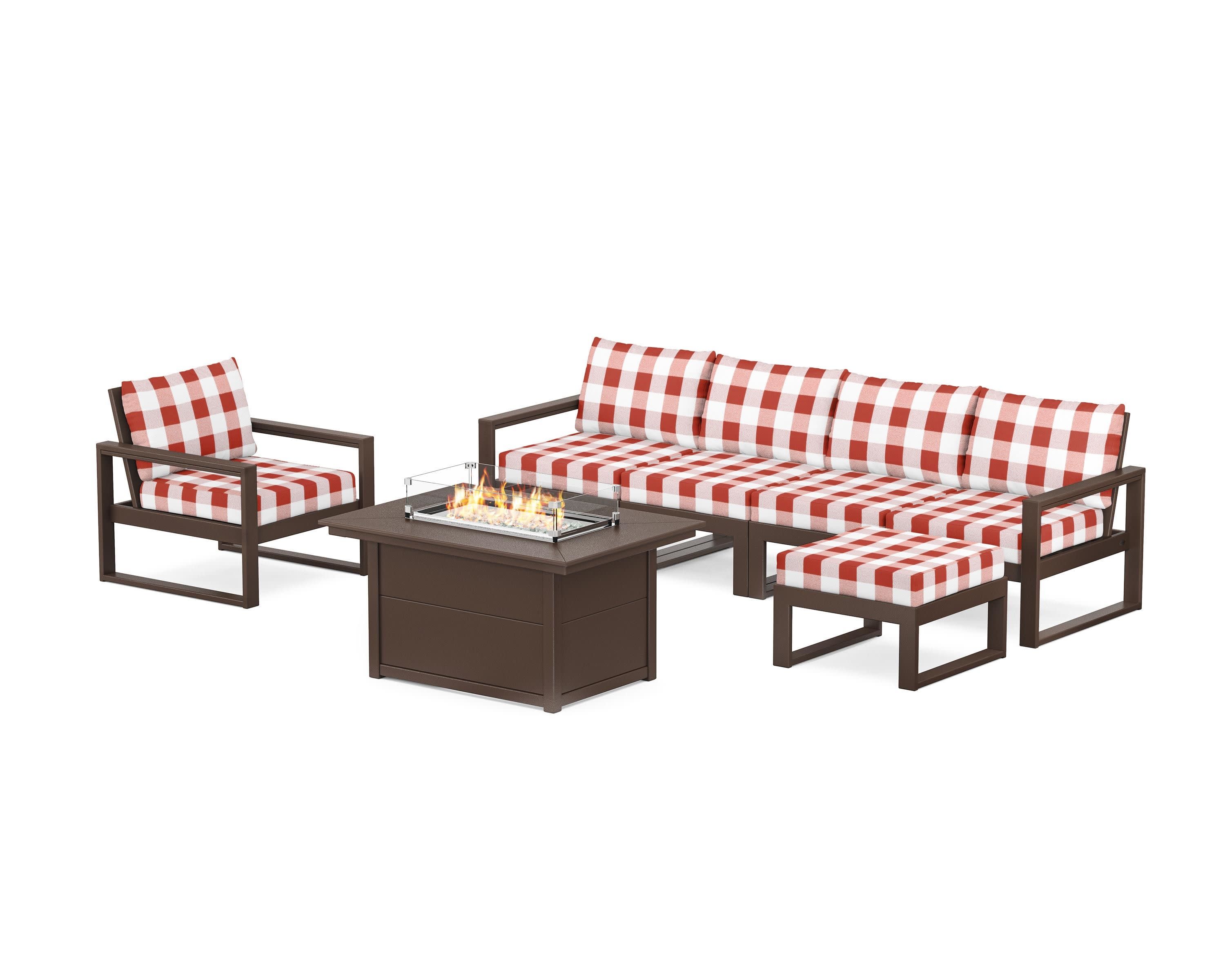 EDGE Sectional Lounge and Fire Pit Set in Mahogany / Buffalo Plaid Crimson