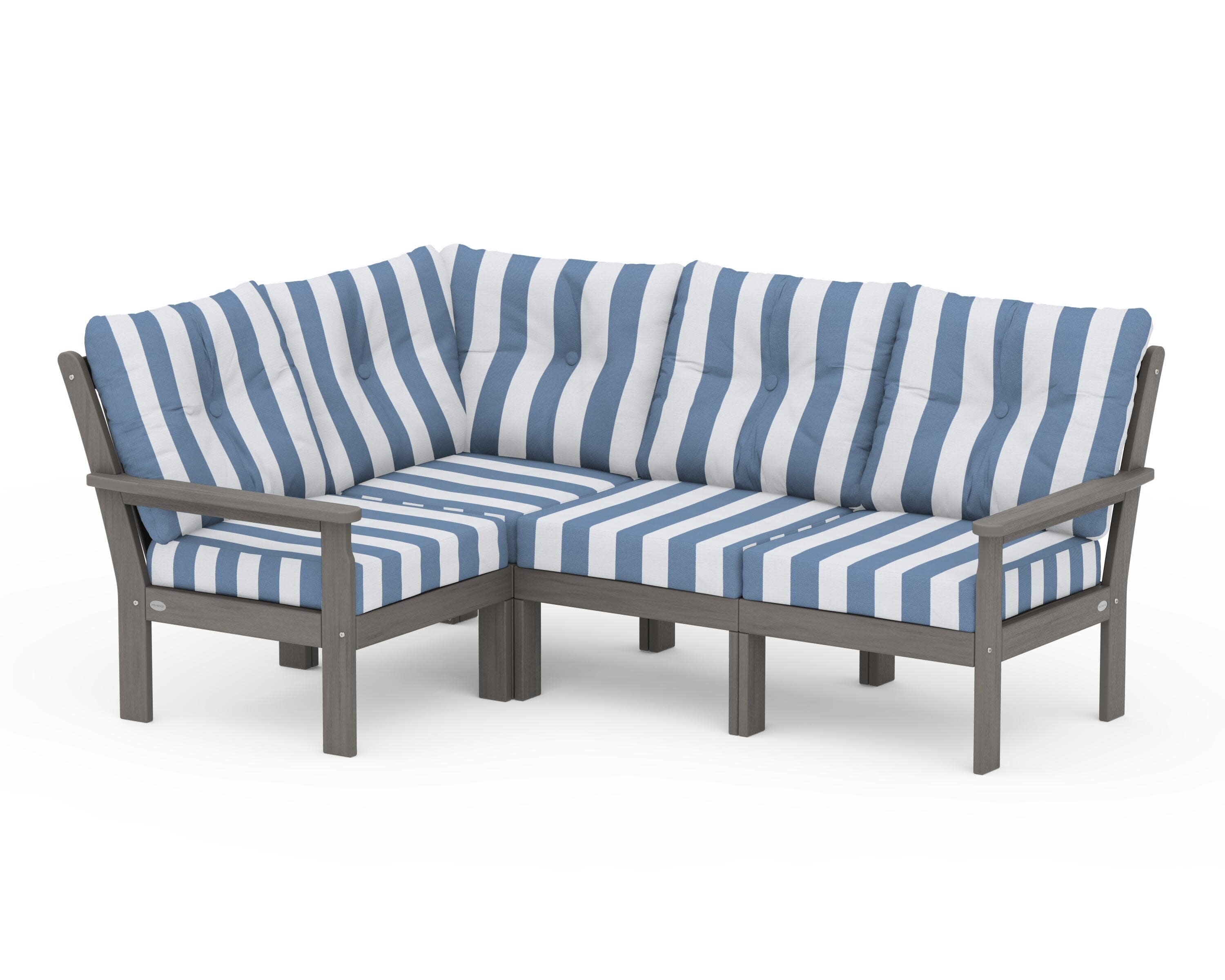 Vineyard 4-Piece Sectional in Driftwood / Cabana Stripe Sky Blue