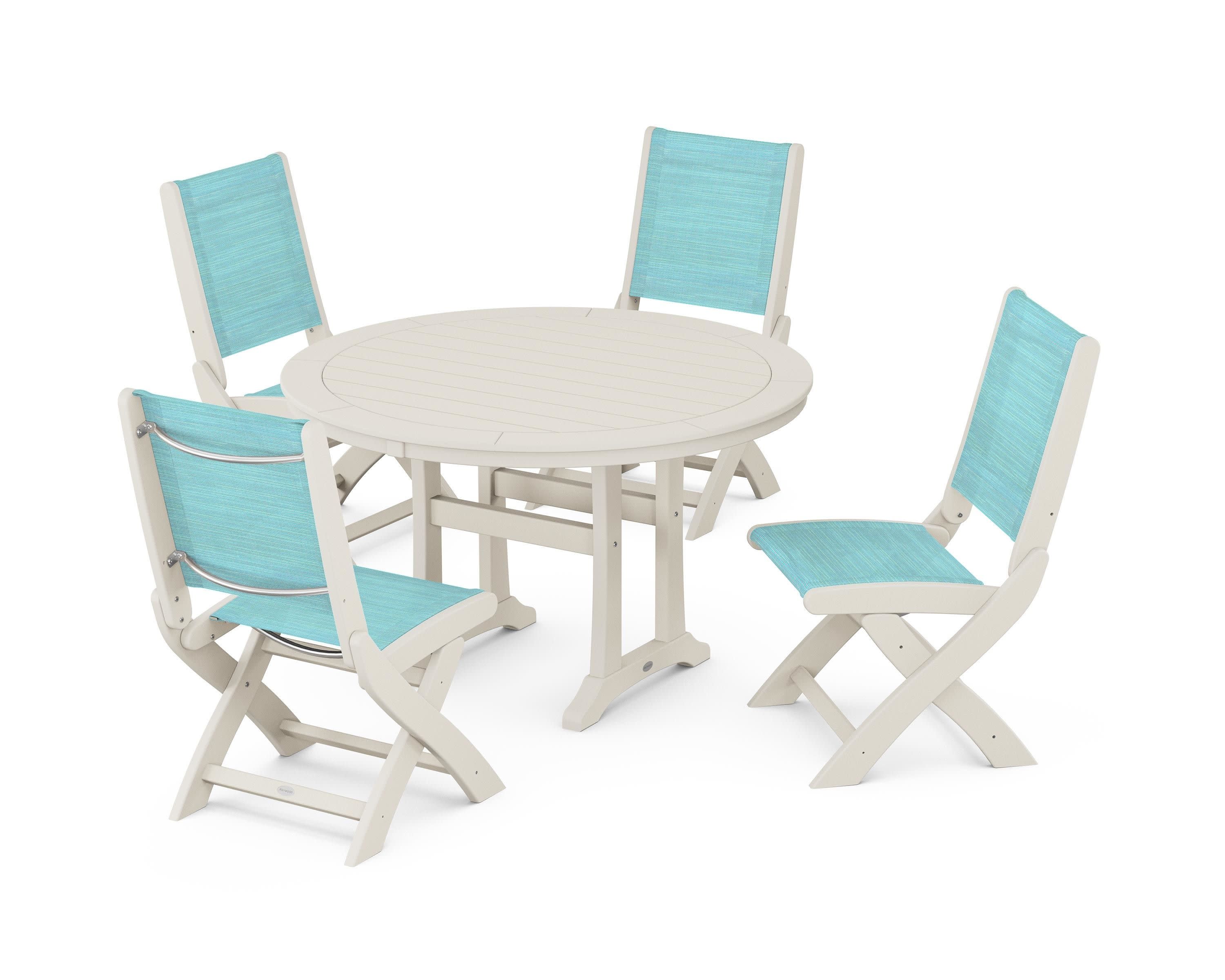 Coastal Folding Side Chair 5-Piece Round Dining Set With Trestle Legs in Sand / Dupioni Aquamarine Sling