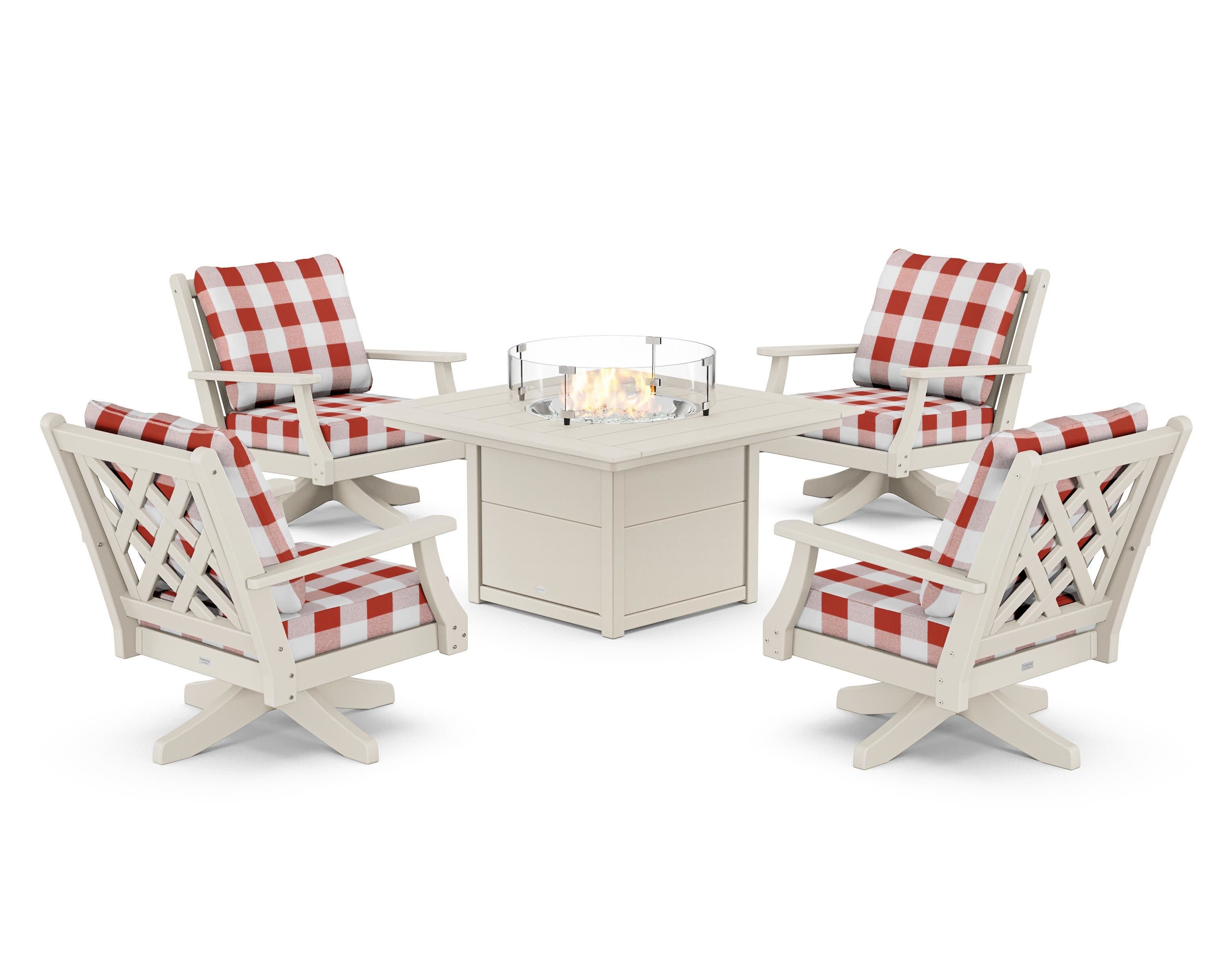 Wovendale 5-Piece Deep Seating Swivel Conversation Set with Fire Pit Table in Sand / Buffalo Plaid Crimson