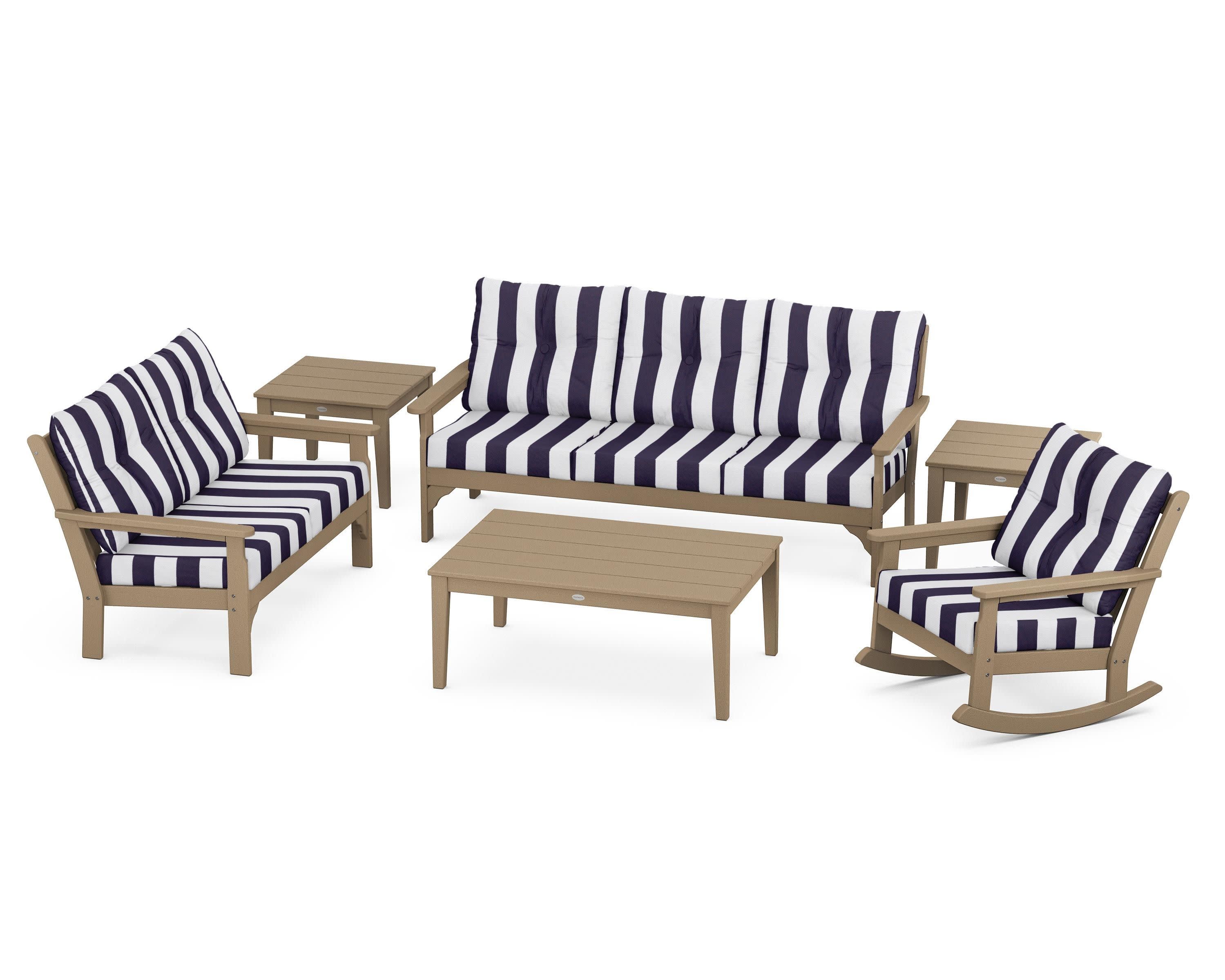 Vineyard 6-Piece Deep Seating Set in Vintage Sahara / Cabana Stripe Navy