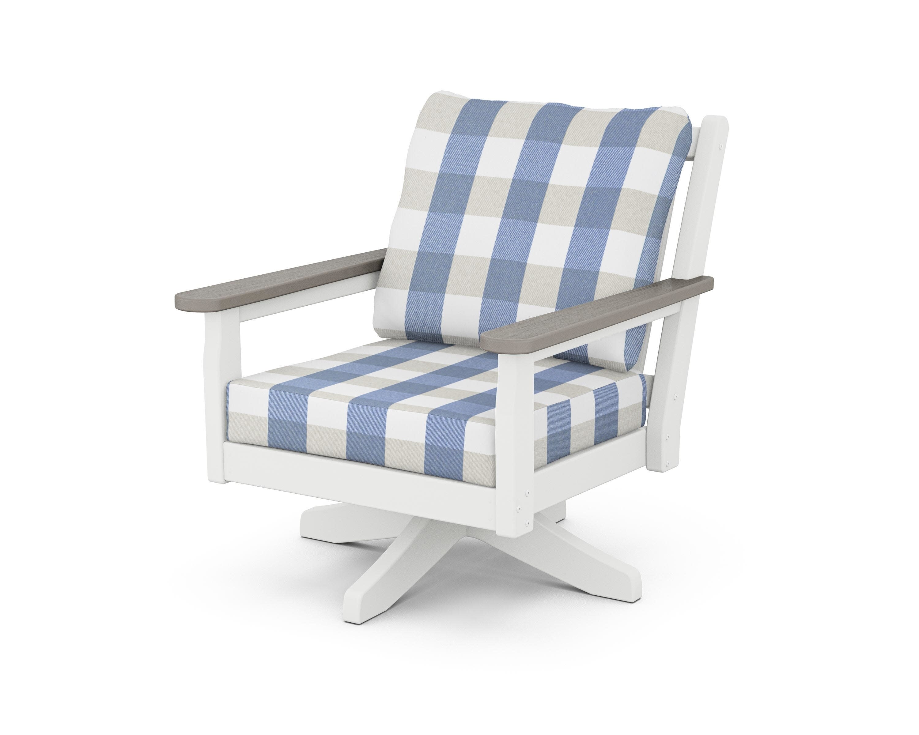 Chippendale Deep Seating Swivel Chair in White / Driftwood / Buffalo Plaid Sky Blue