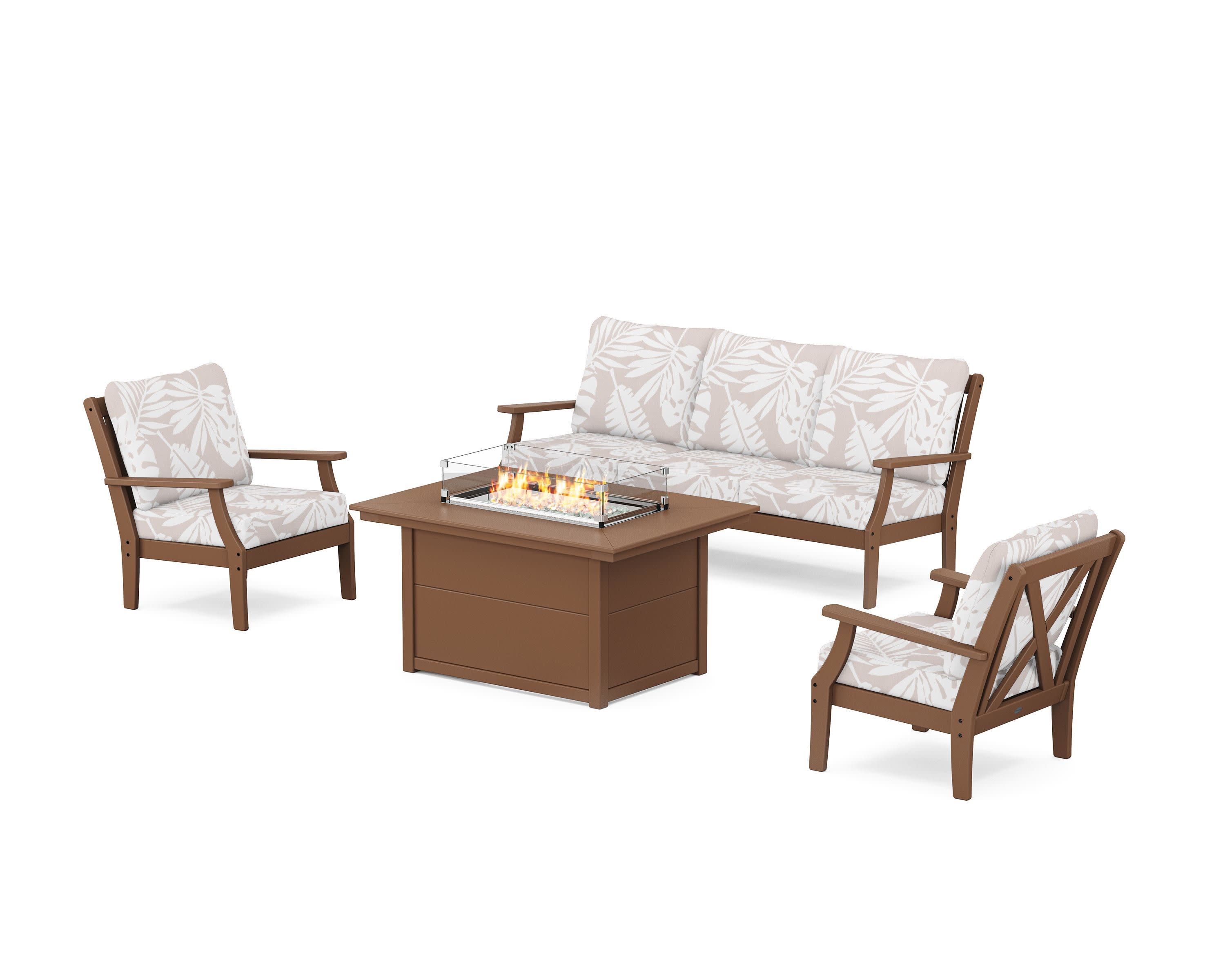Braxton Deep Seating Fire Pit Table Set in Teak / Leaf Dune Burlap