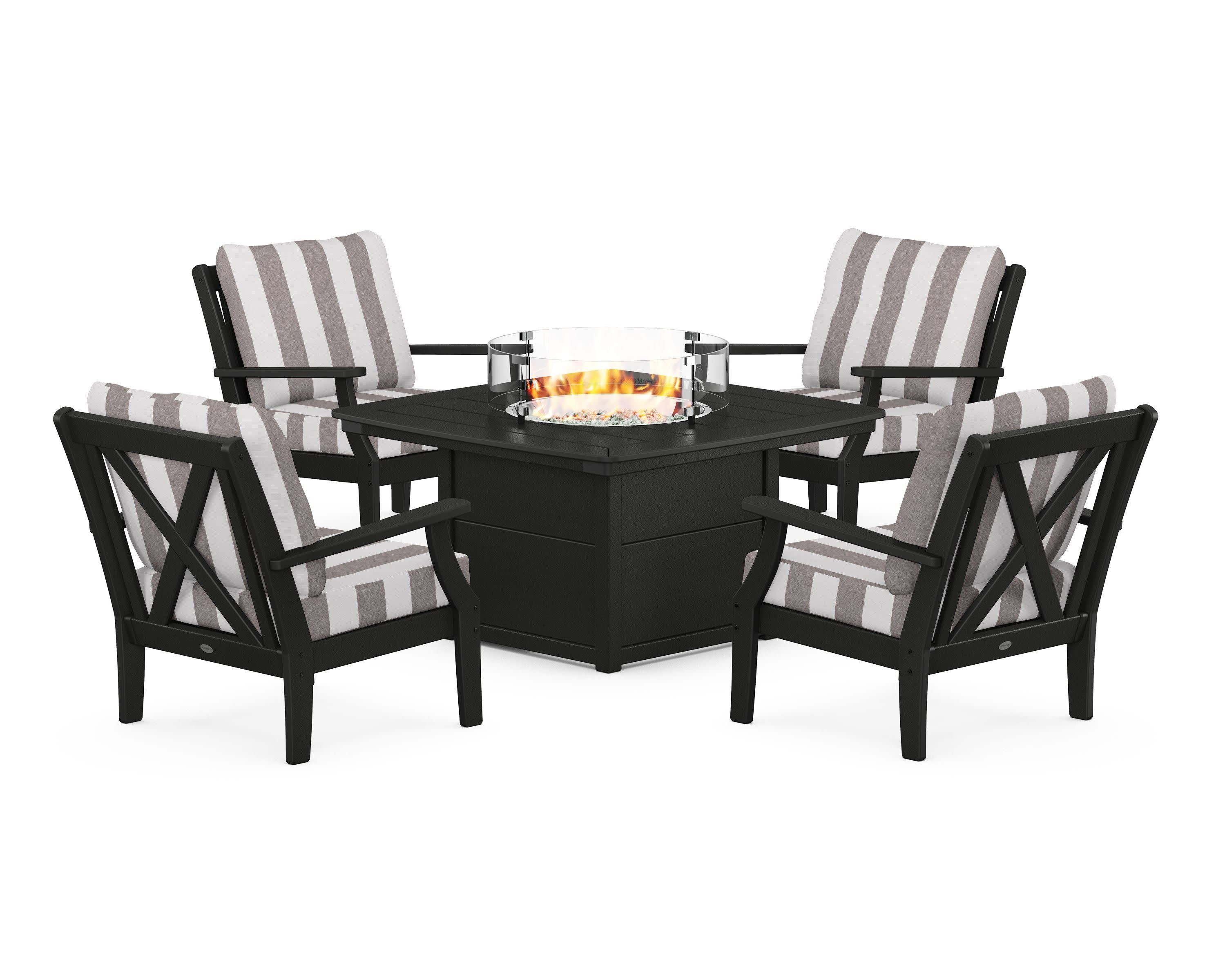 Braxton 5-Piece Deep Seating Conversation Set with Fire Pit Table in Black / Cabana Stripe Grey Mist