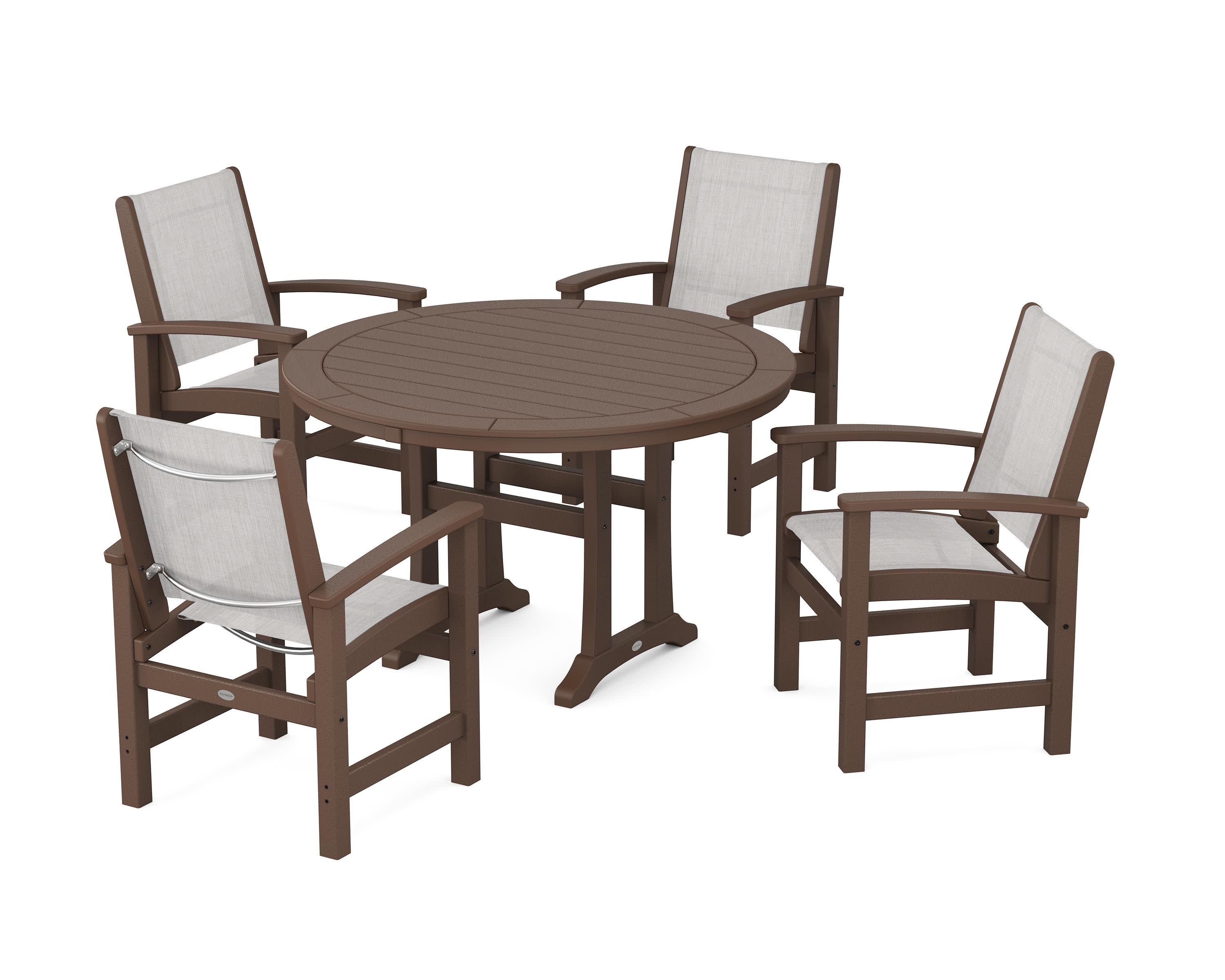 Coastal 5-Piece Round Dining Set with Trestle Legs in Mahogany / Parchment Sling