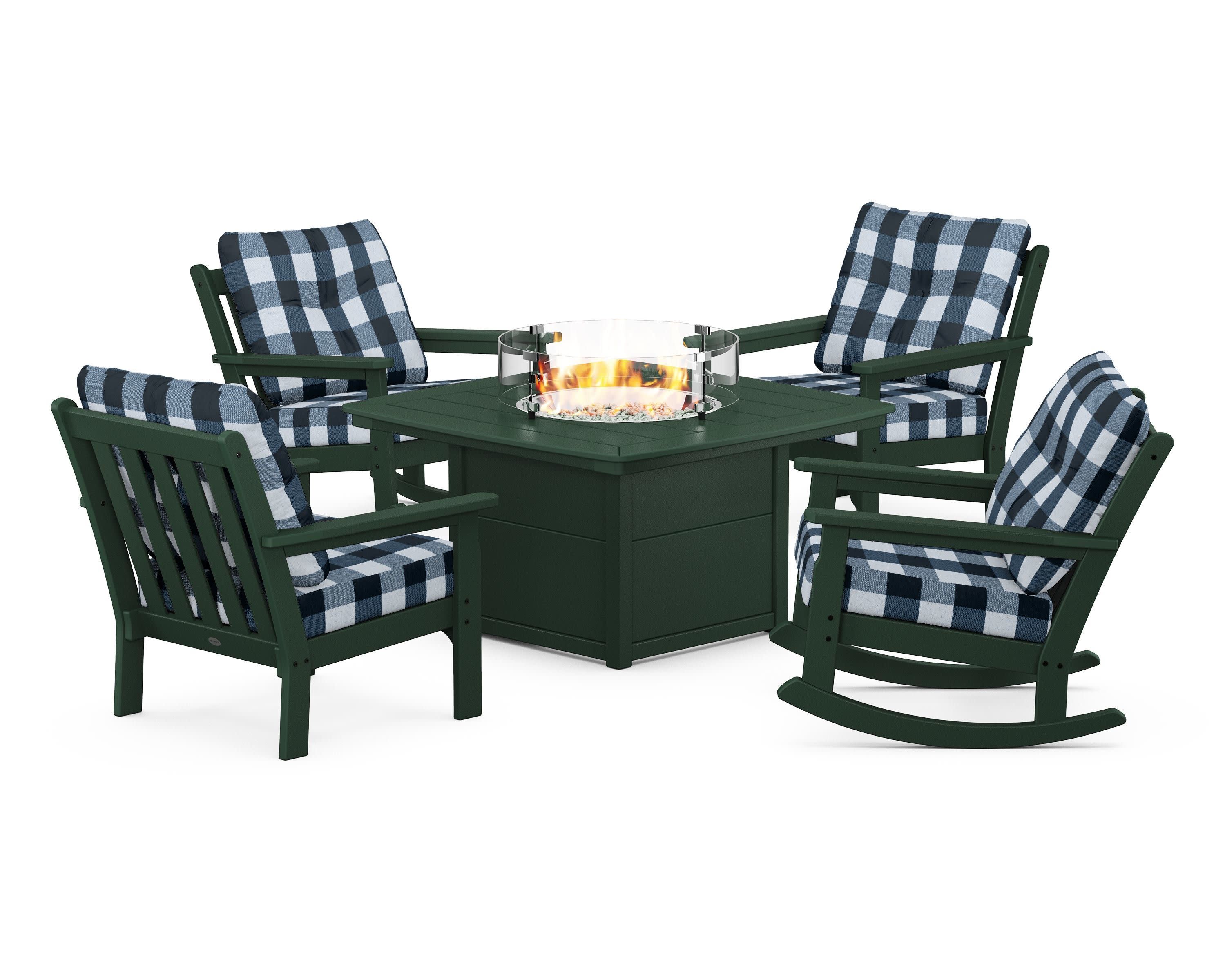 Vineyard 5-Piece Deep Seating Rocking Chair Conversation Set with Fire Pit Table in Green / Buffalo Plaid Marine Indigo