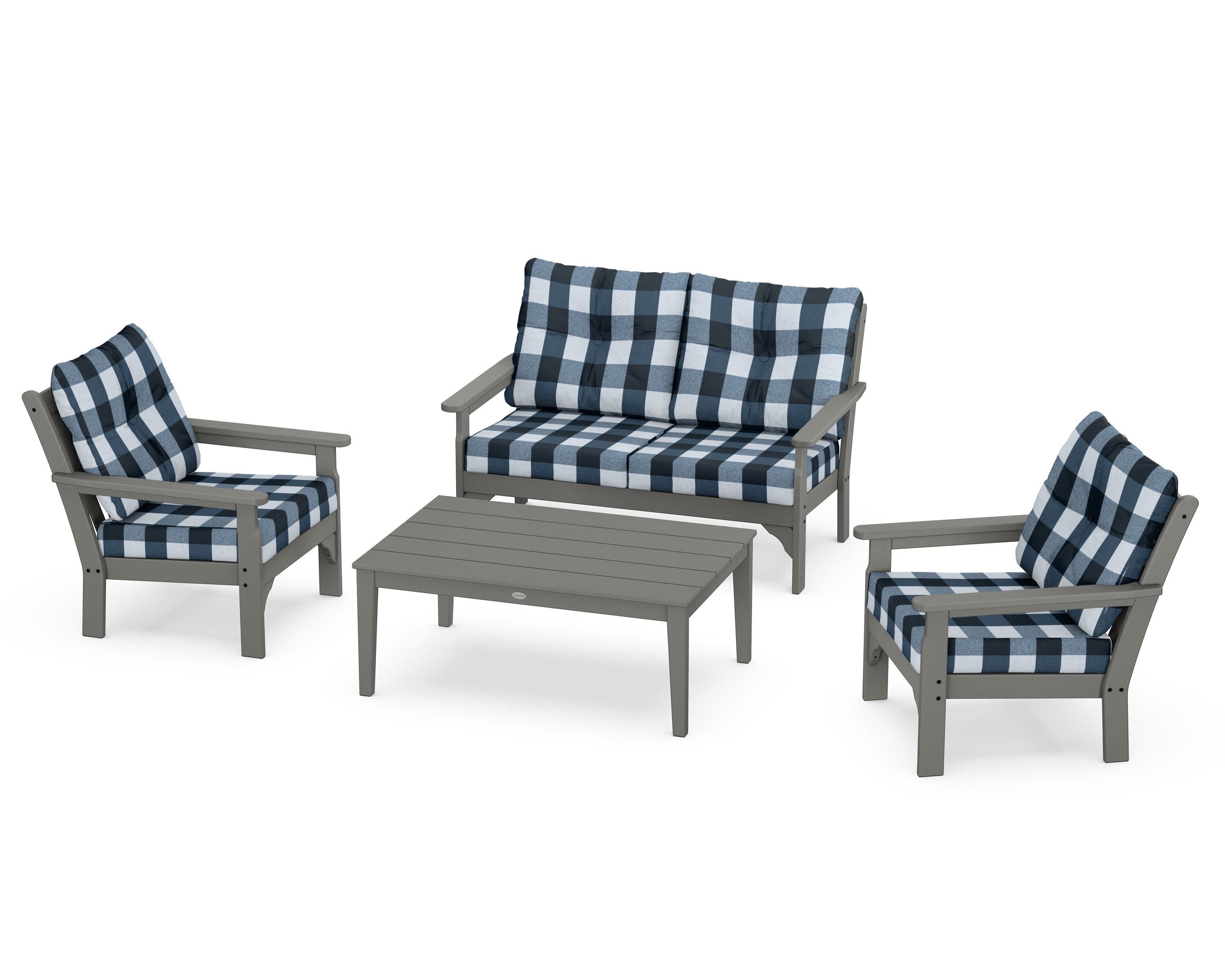Vineyard 4-Piece Deep Seating Set in Slate Grey / Buffalo Plaid Marine Indigo