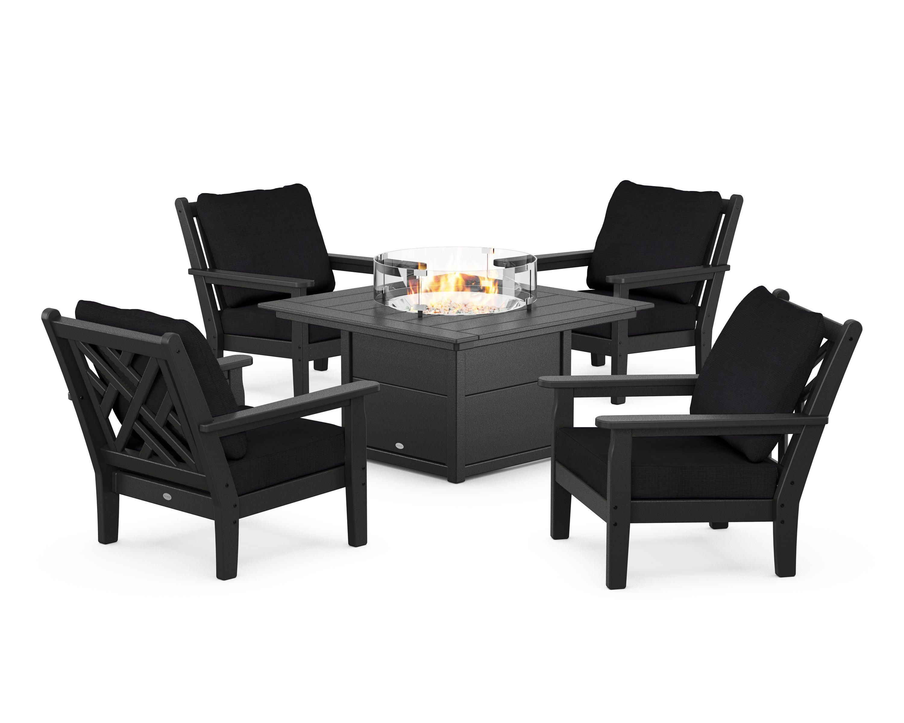 Chippendale 5-Piece Deep Seating Set with Fire Pit Table in Black / Midnight Linen