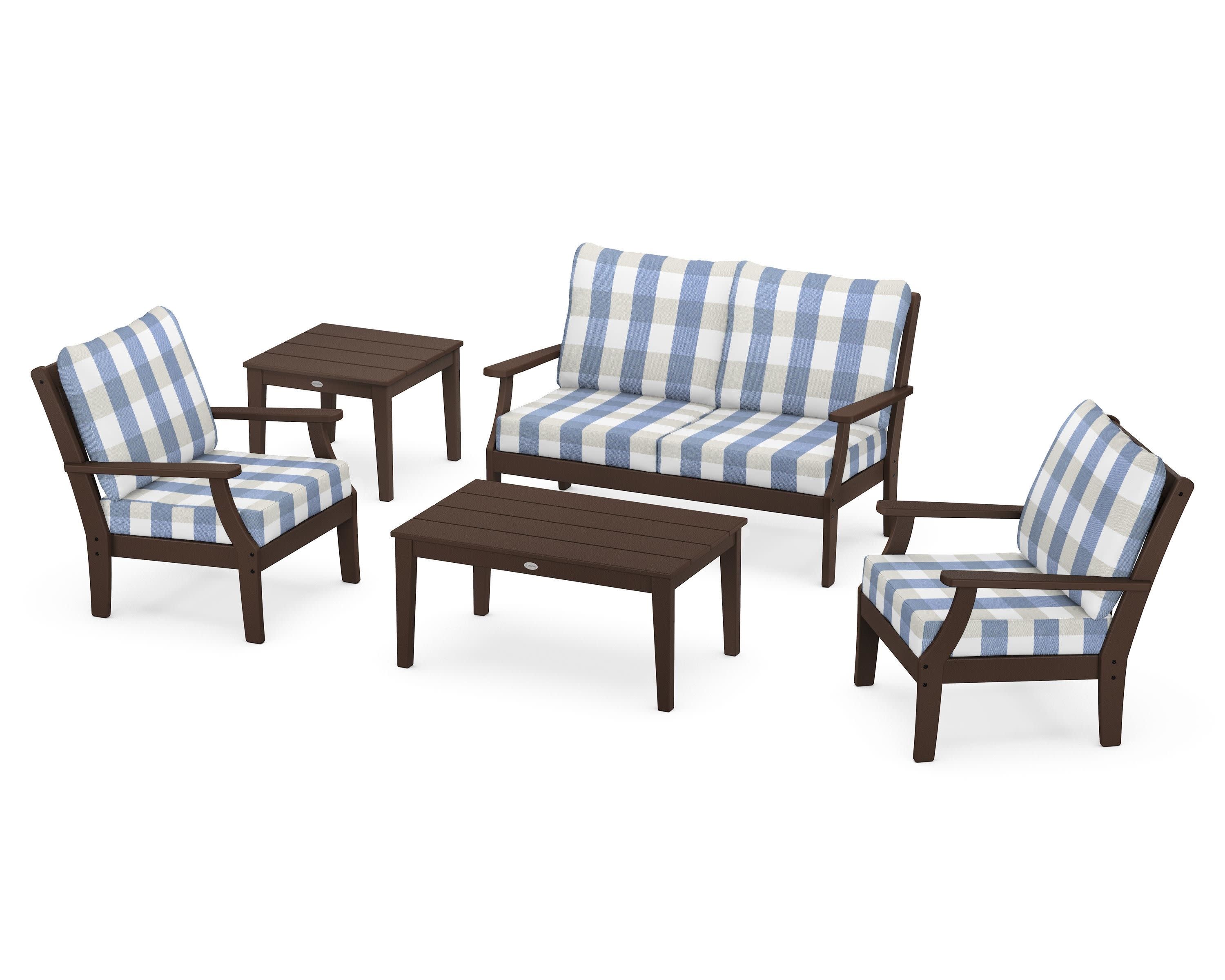 Braxton 5-Piece Deep Seating Set in Mahogany / Buffalo Plaid Sky Blue