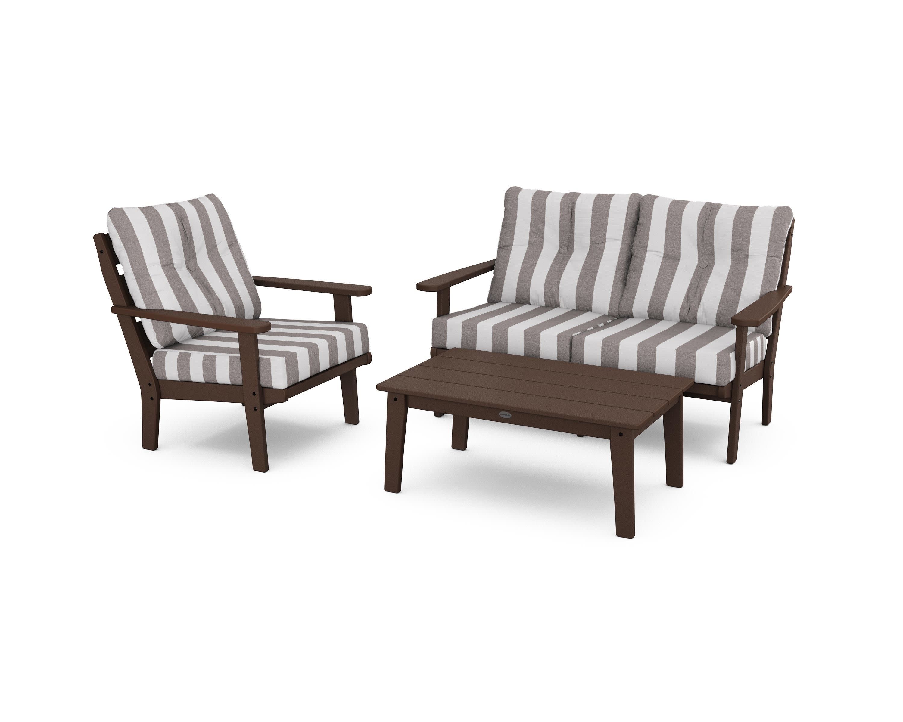 Lakeside 3-Piece Deep Seating Set in Mahogany / Cabana Stripe Grey Mist