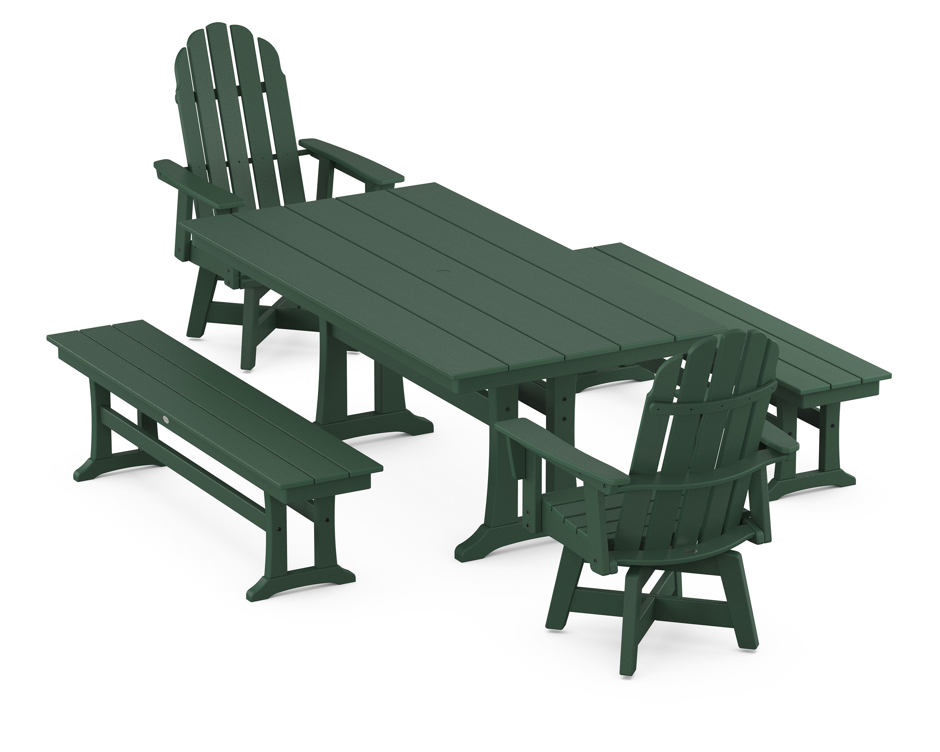 Vineyard Curveback Adirondack Swivel Chair 5-Piece Farmhouse Dining Set With Trestle Legs and Benches in Green