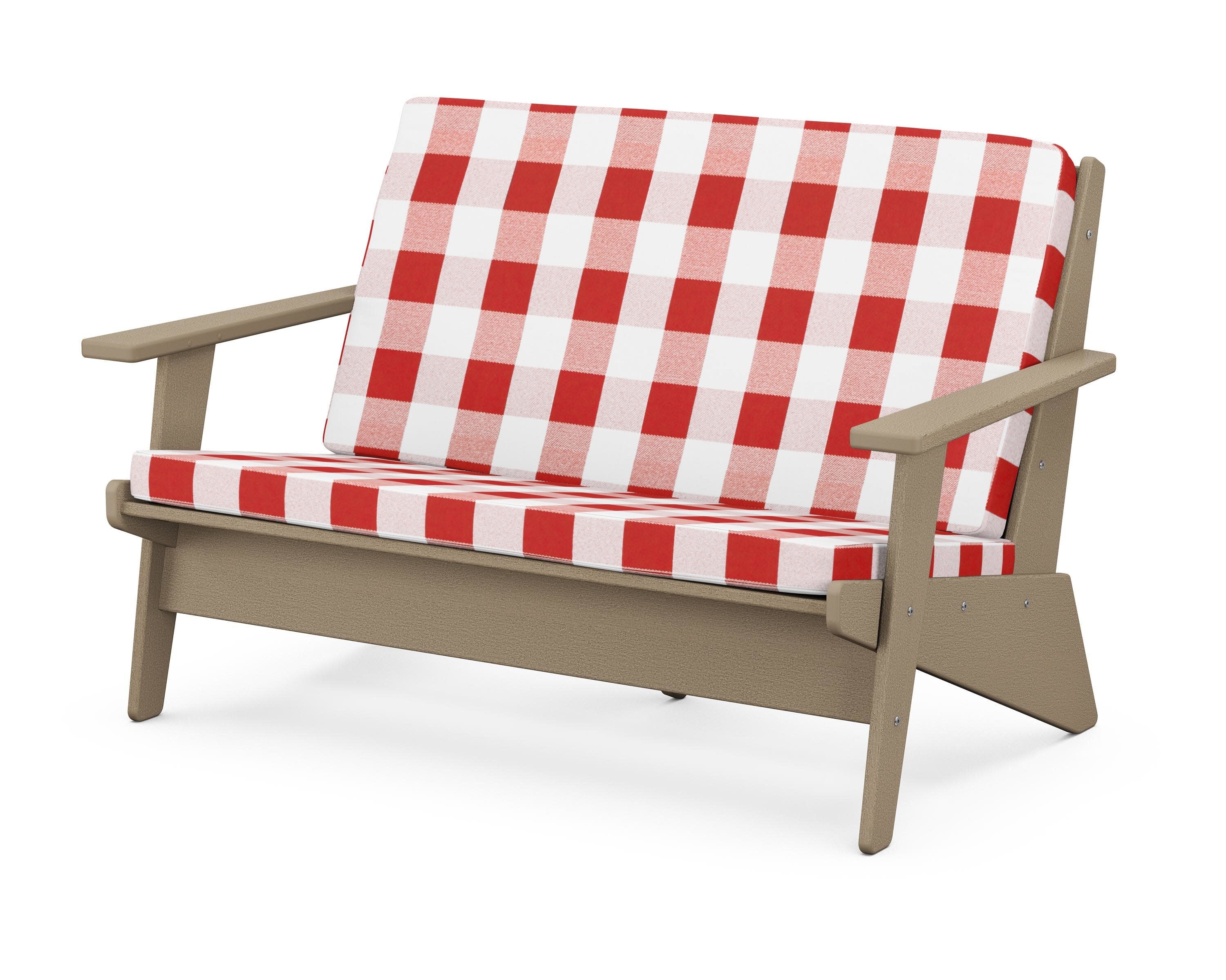 Riviera Modern Lounge Loveseat in Vintage Sahara / Buffalo Plaid Crimson