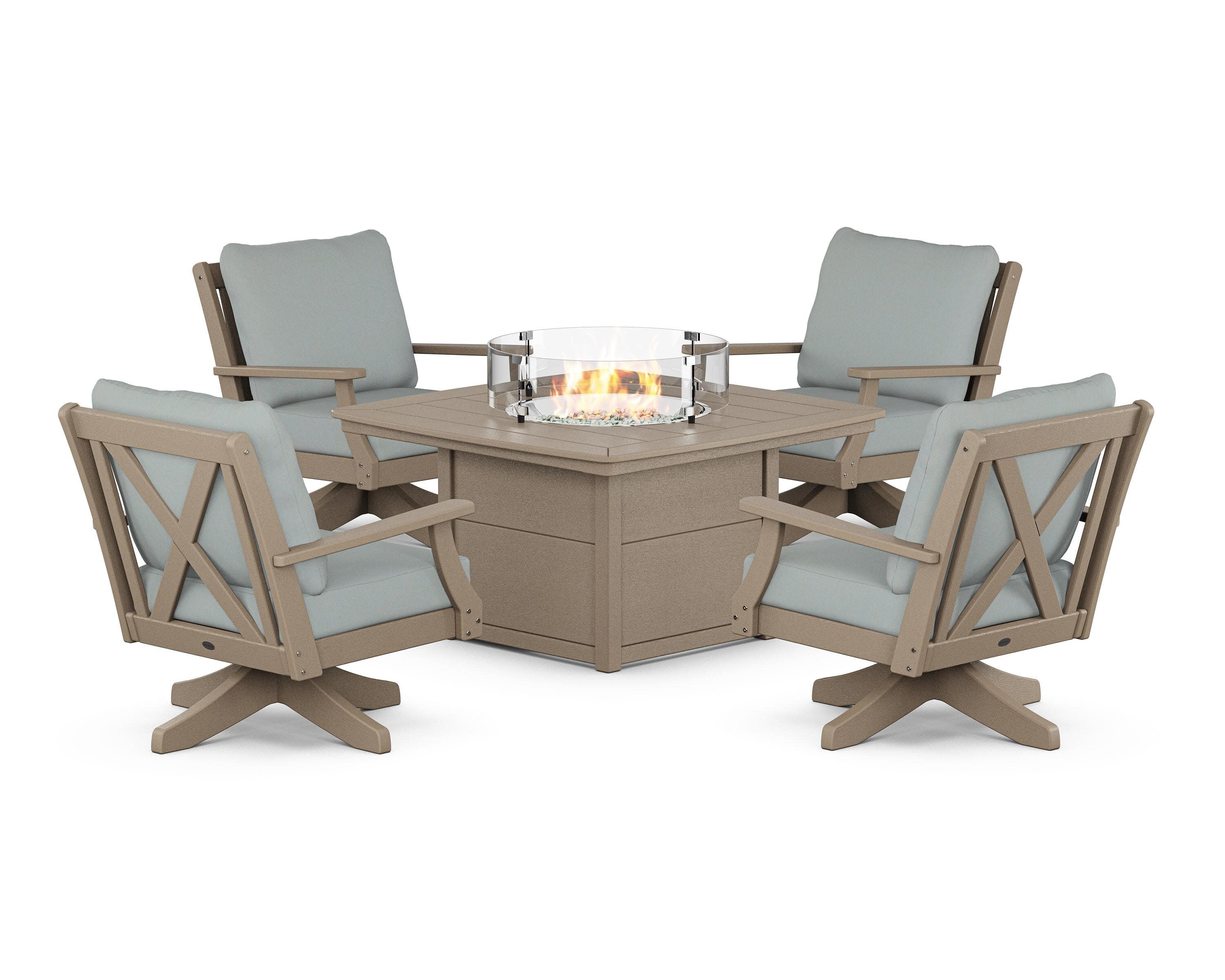 Braxton 5-Piece Deep Seating Swivel Conversation Set with Fire Pit Table in Vintage Sahara / Spa