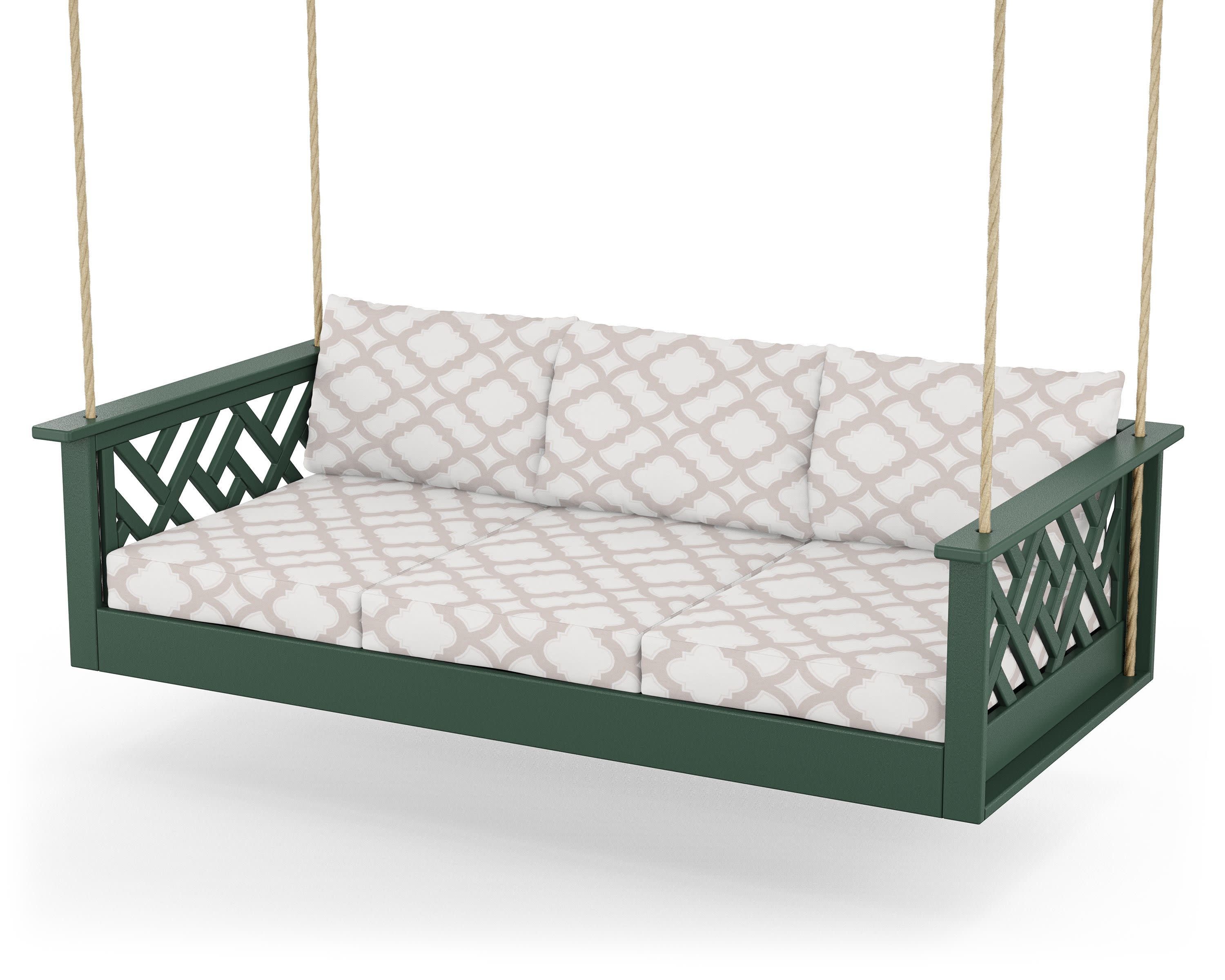Chippendale Daybed Swing in Green / Trellis Dune Burlap
