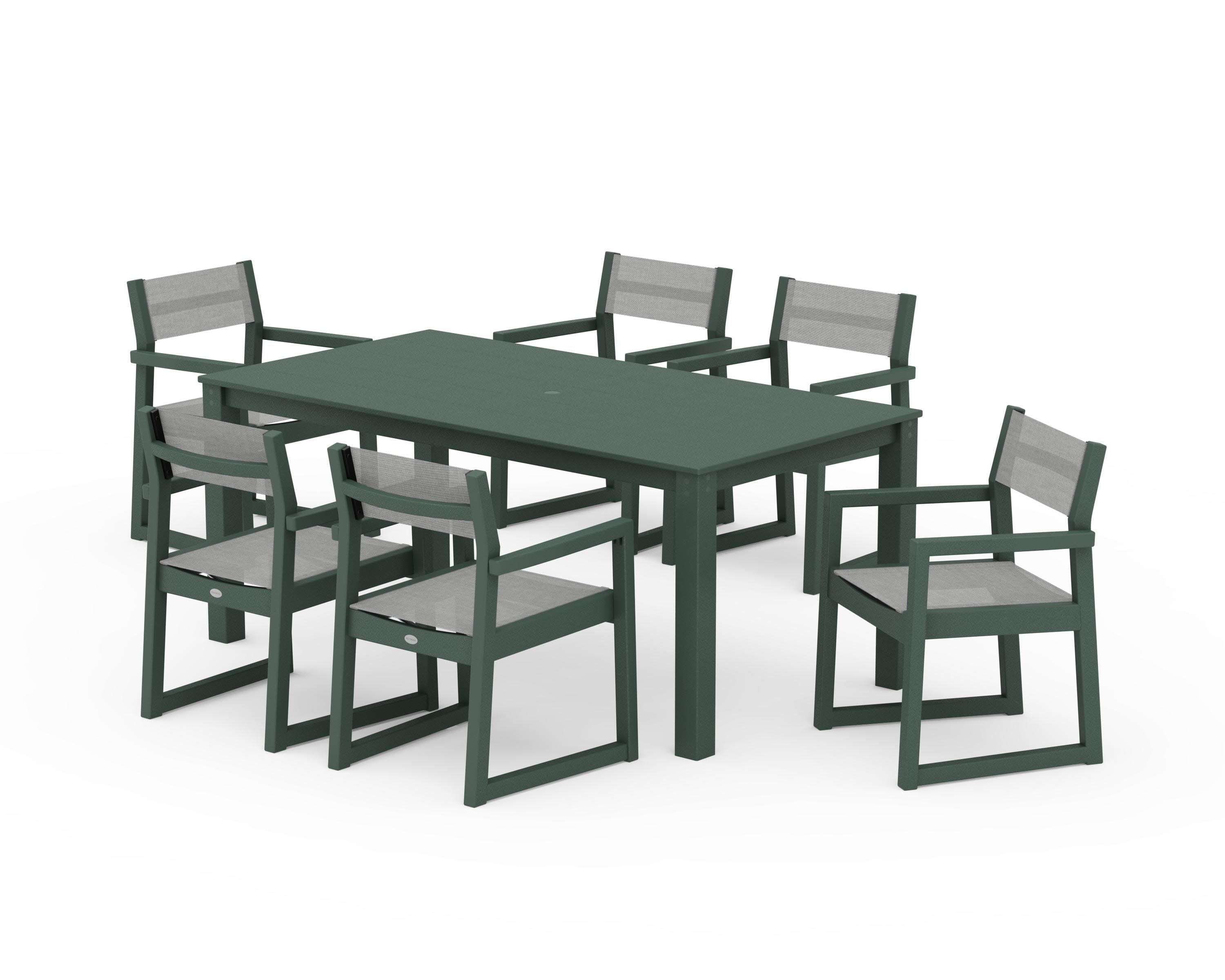 EDGE Sling Arm Chair 7-Piece Parsons Dining Set in Green / Metallic Sling