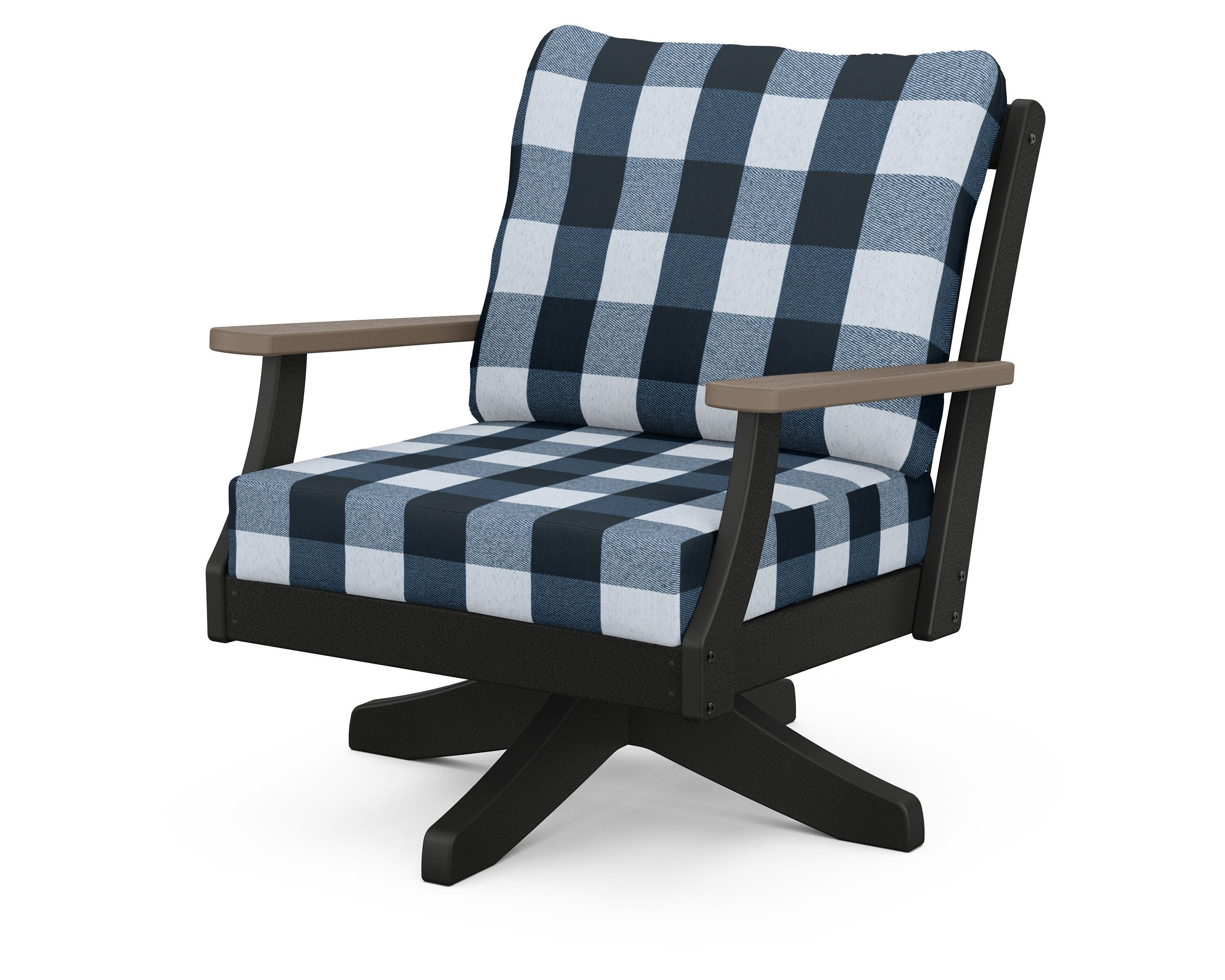 Braxton Deep Seating Swivel Chair in Black / Kona / Buffalo Plaid Marine Indigo