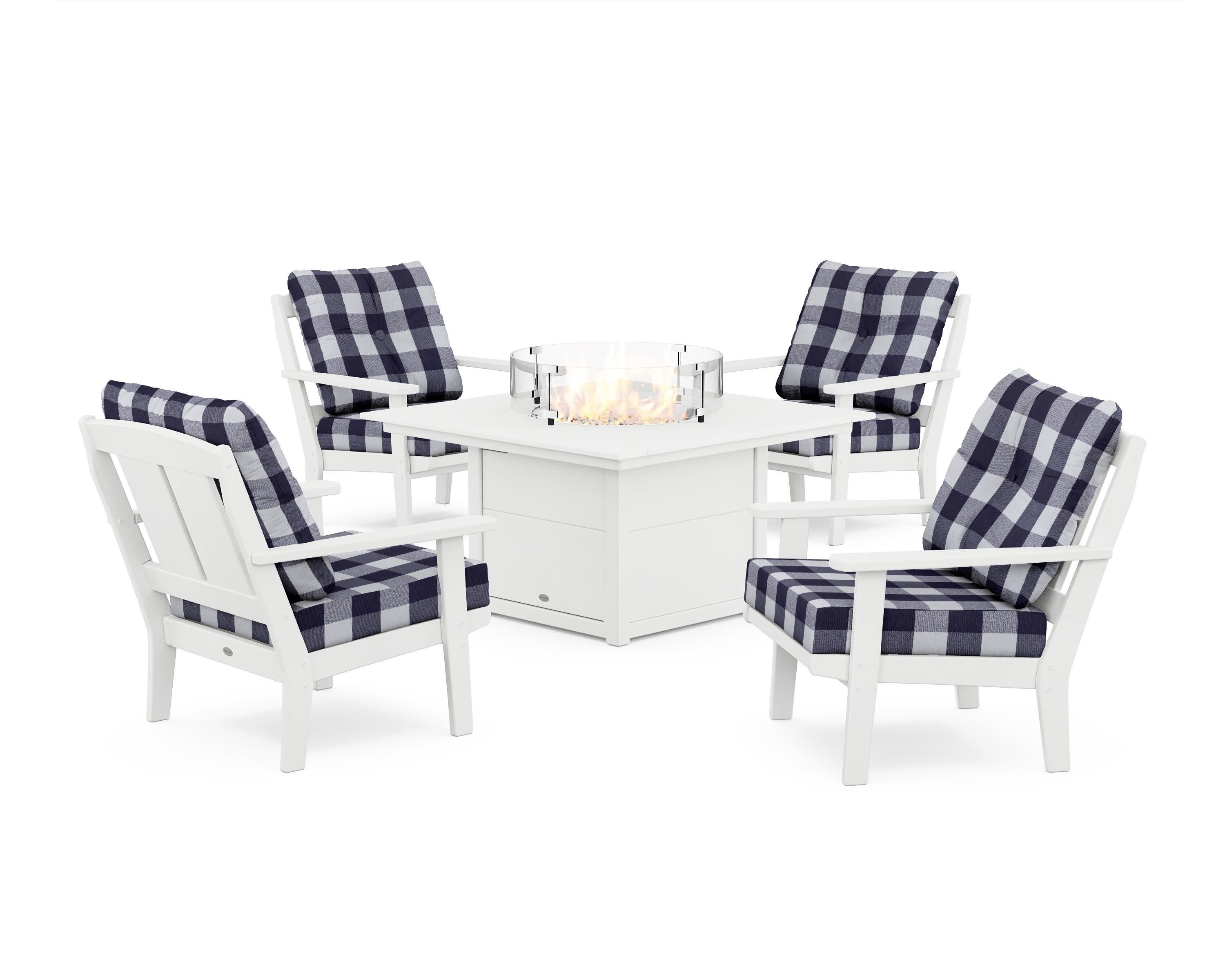 Mission 5-Piece Deep Seating Set with Fire Pit Table in White / Buffalo Plaid Navy