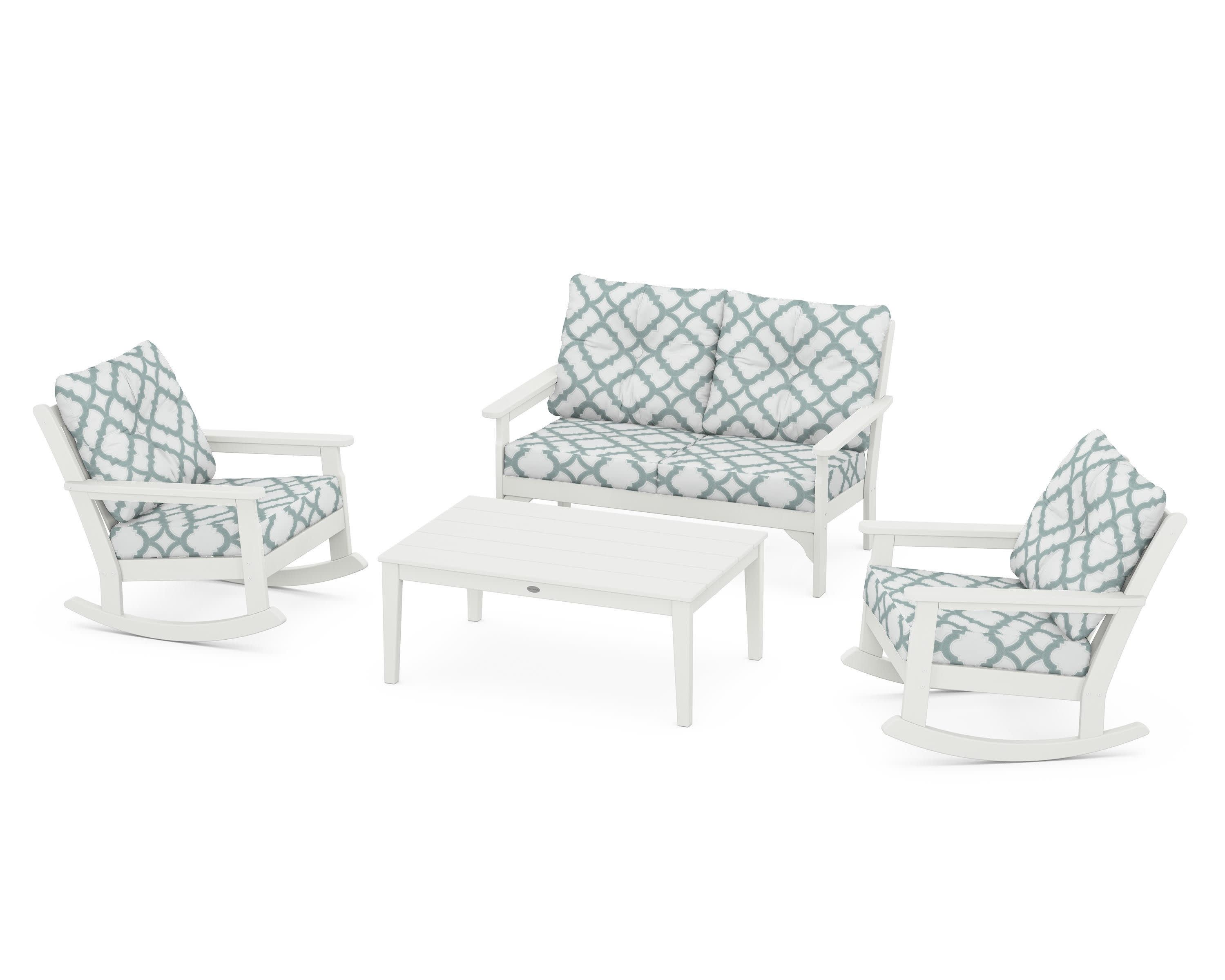 Vineyard 4-Piece Deep Seating Rocking Chair Set in Vintage White / Trellis Glacier Spa