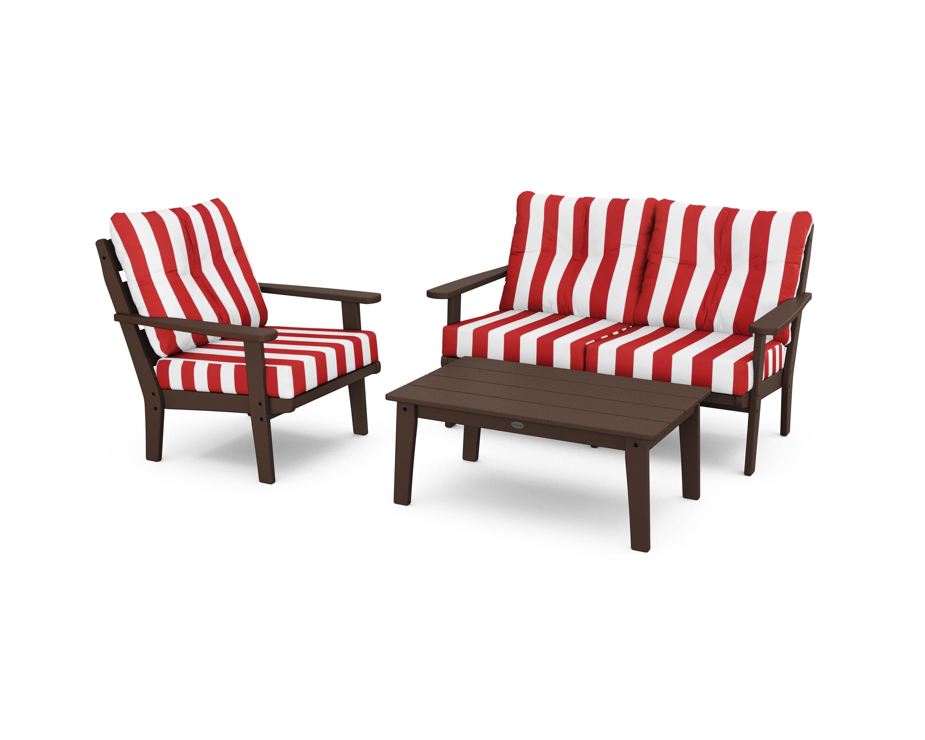 Lakeside 3-Piece Deep Seating Set in Mahogany / Cabana Stripe Crimson