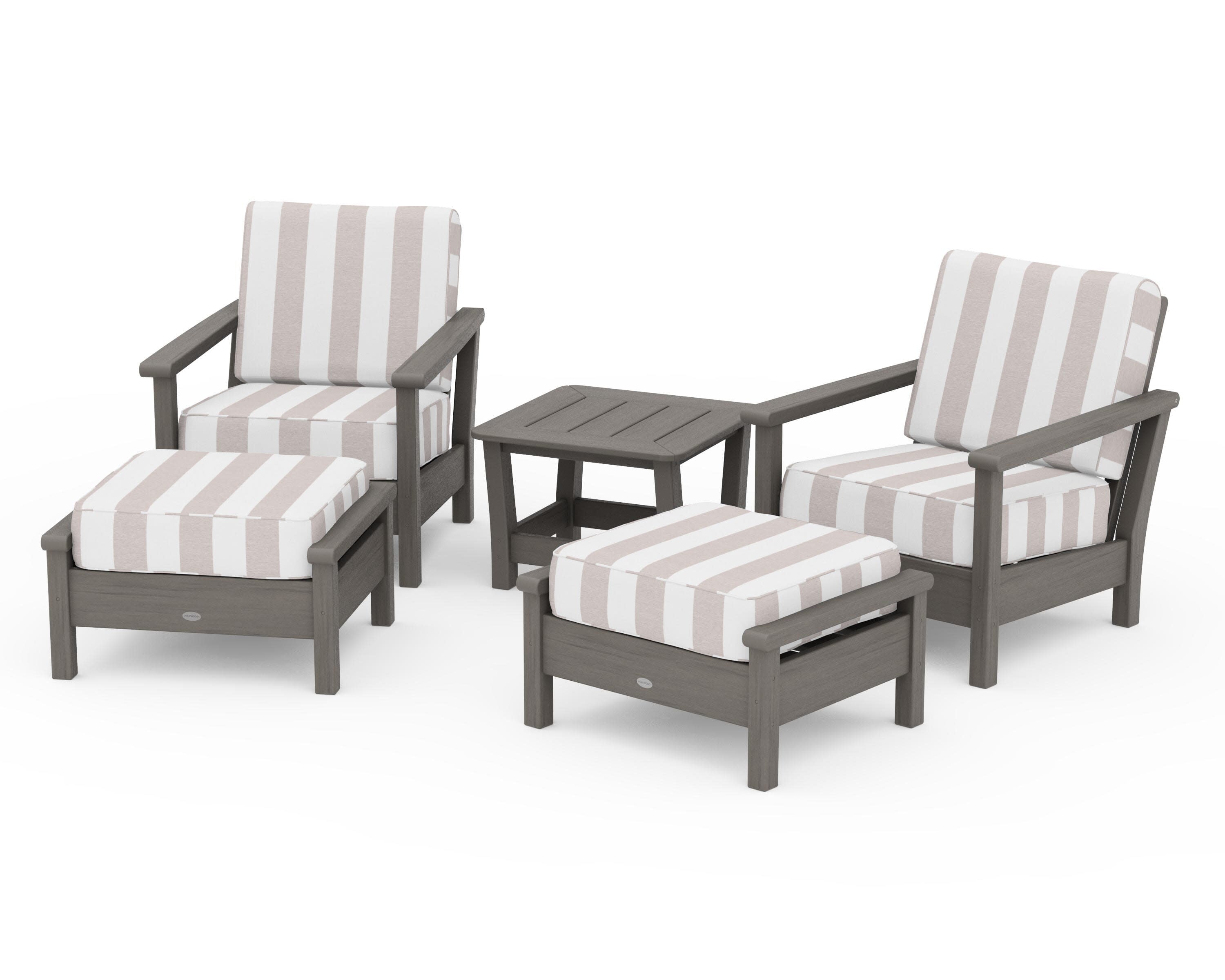 Harbour 5-Piece Deep Seating Chair Set in Driftwood / Cabana Stripe Dune Burlap