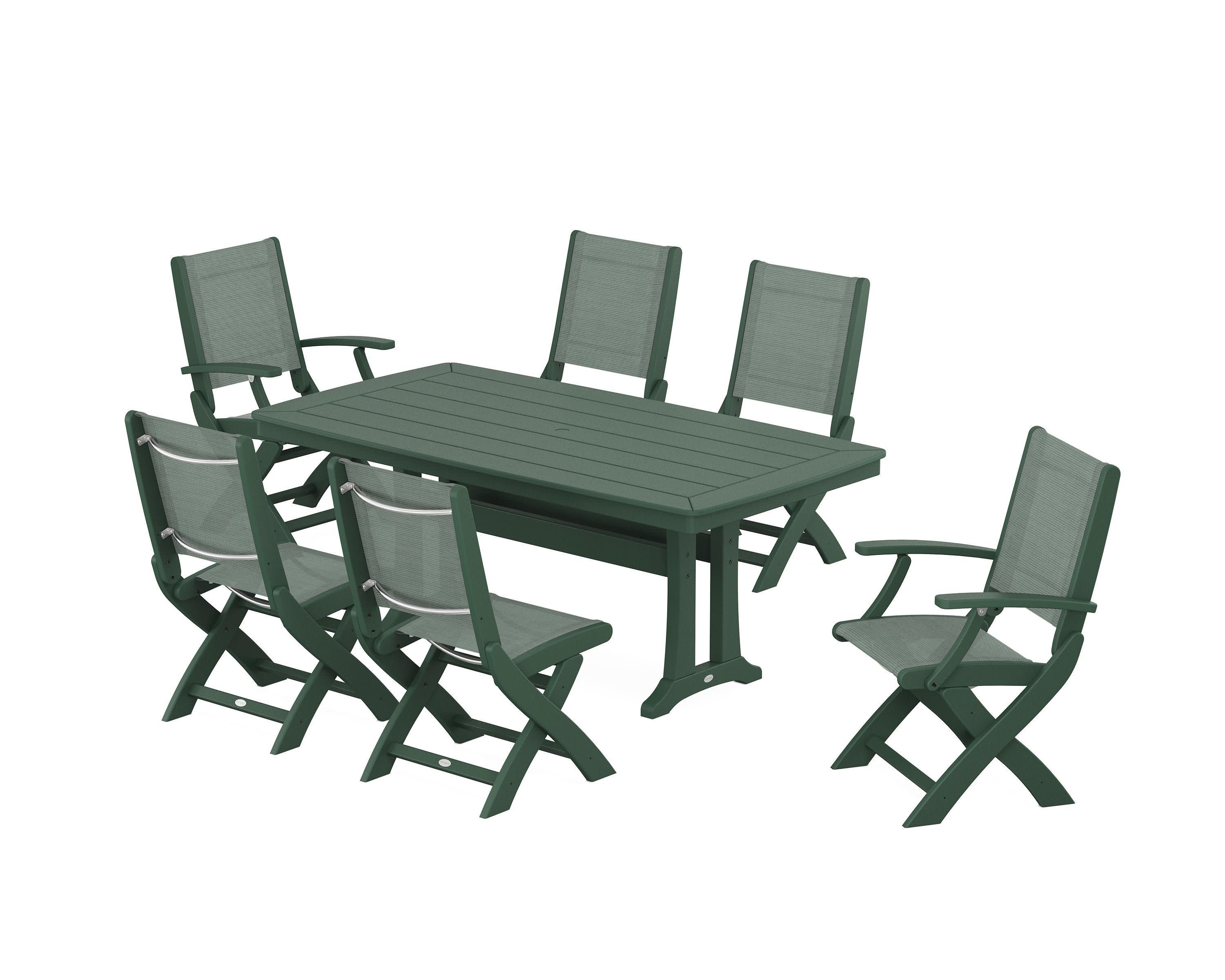 Coastal Folding Chair 7-Piece Dining Set with Trestle Legs in Green / Dupioni Sea Mist Sling