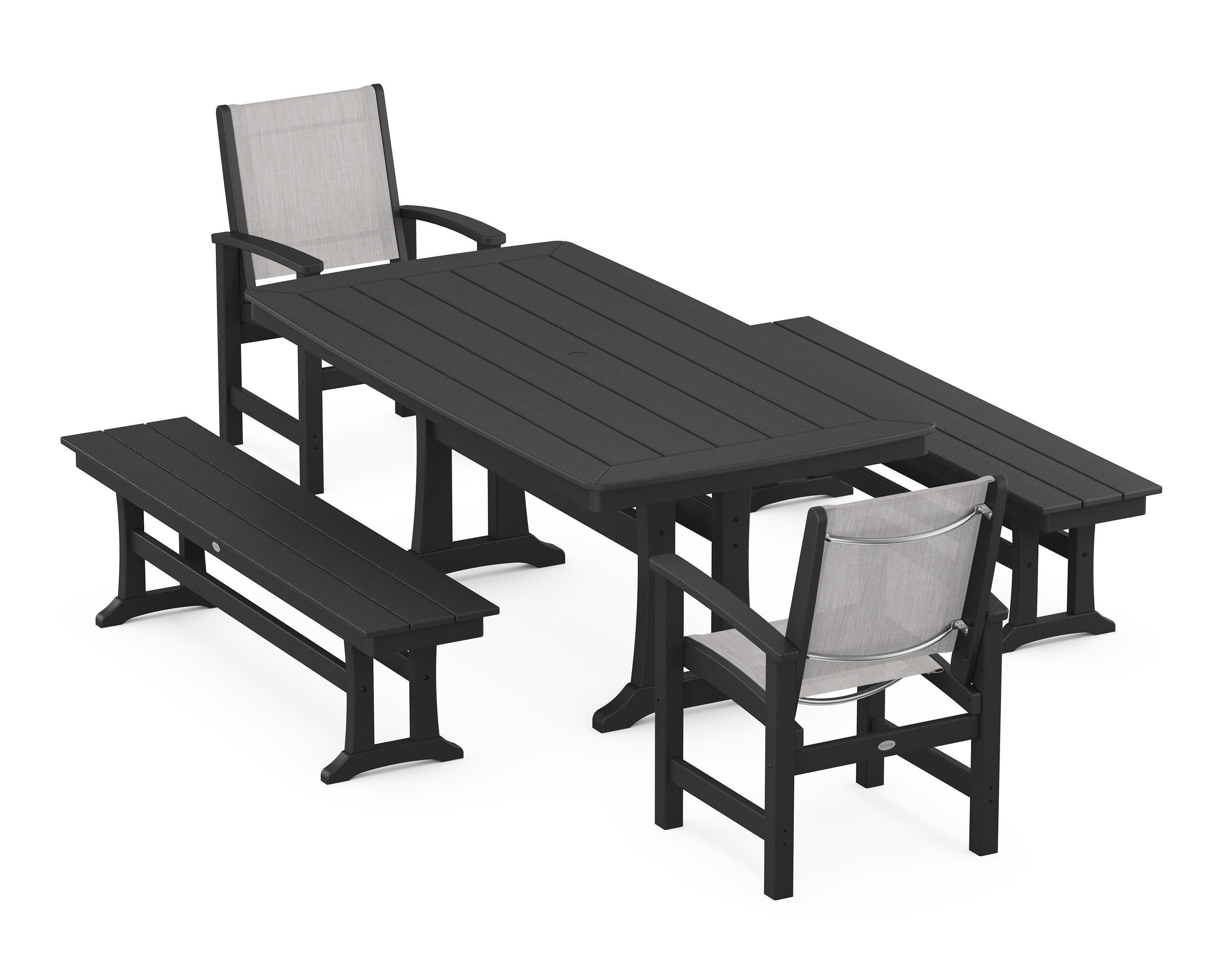 Coastal 5-Piece Dining Set with Trestle Legs and Benches in Black / Parchment Sling