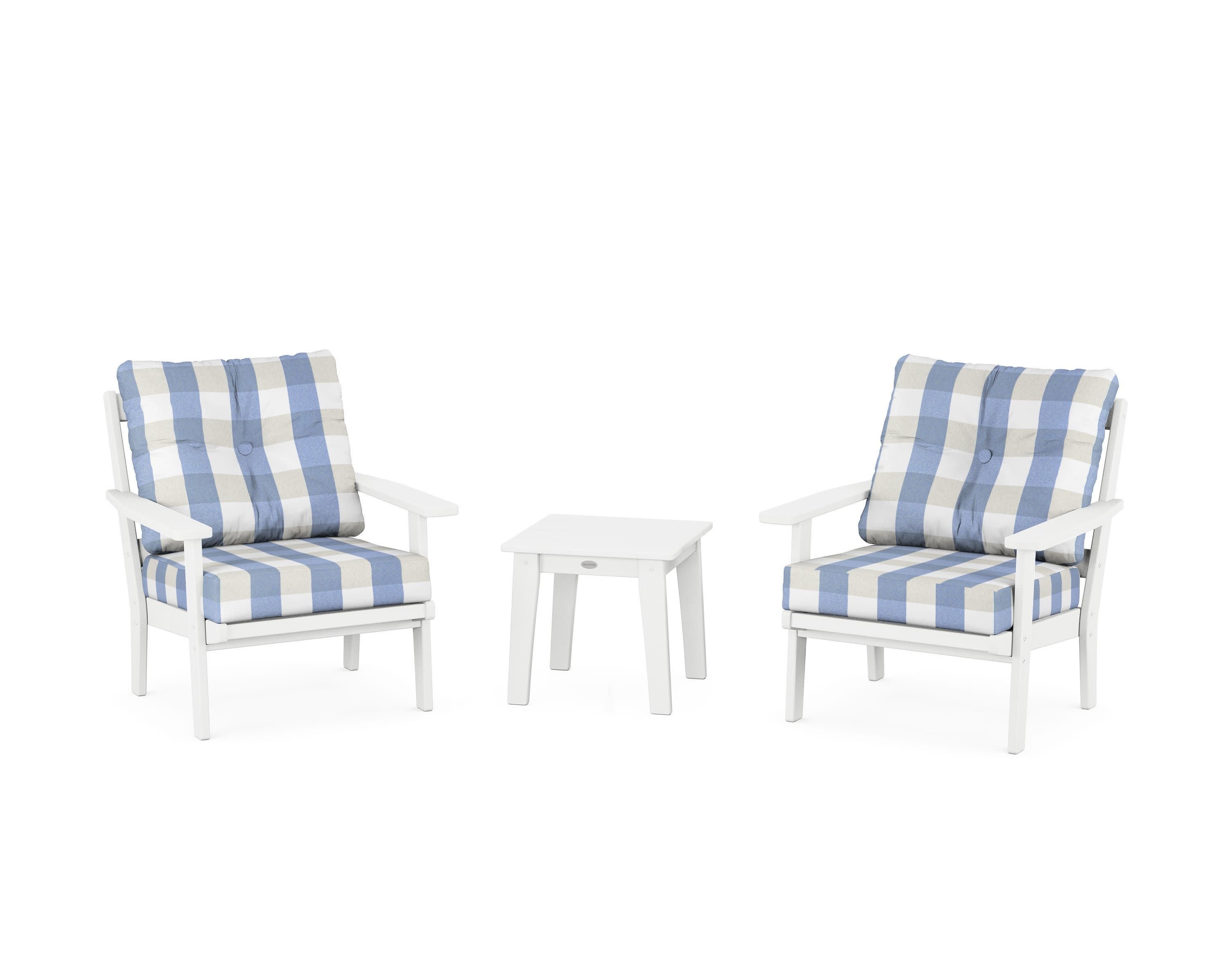 Oxford 3-Piece Deep Seating Set in White / Buffalo Plaid Sky Blue