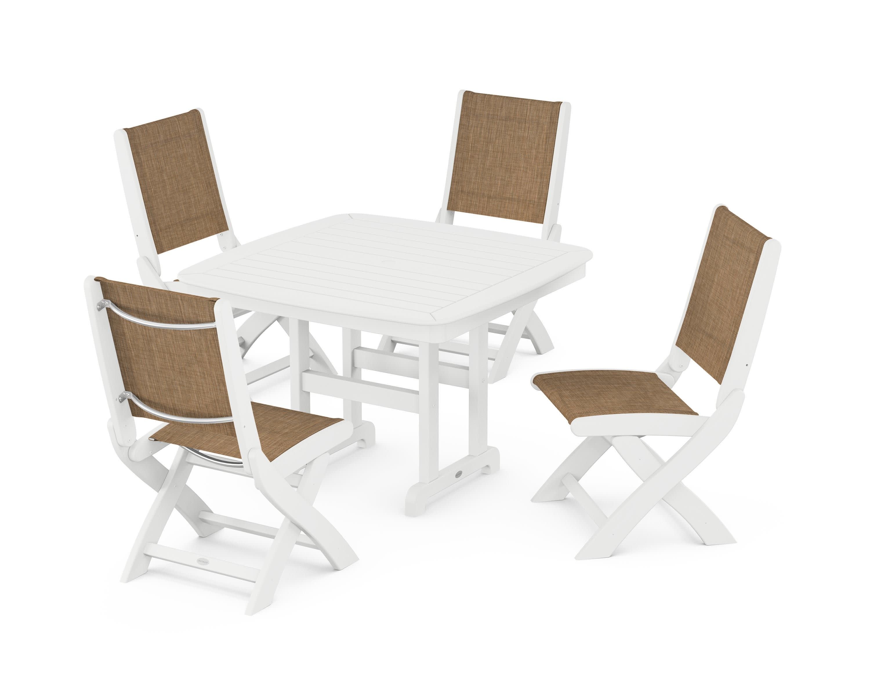 Coastal Folding Side Chair 5-Piece Dining Set in White / Burlap Sling