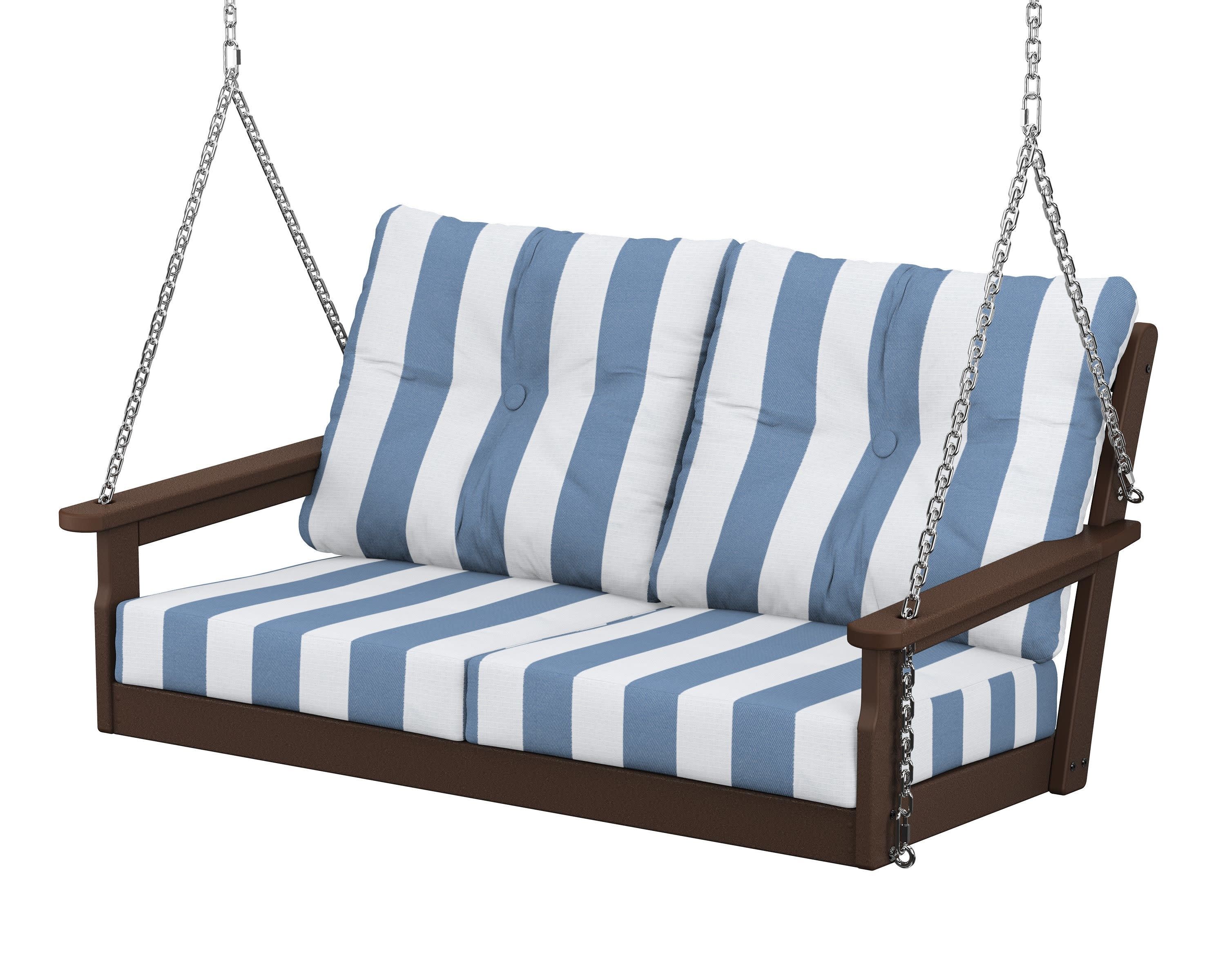 Vineyard Deep Seating Swing in Mahogany / Cabana Stripe Sky Blue