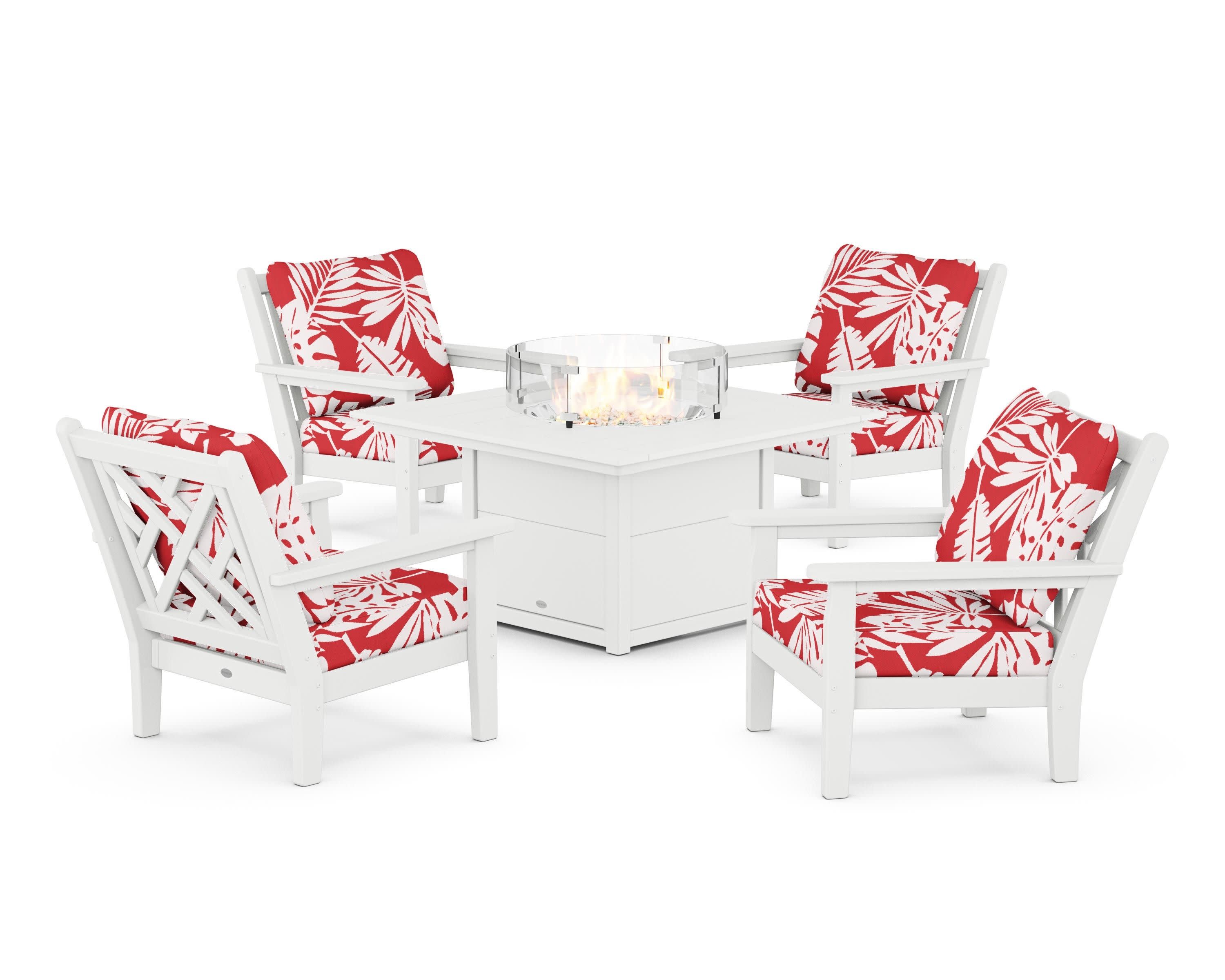 Chippendale 5-Piece Deep Seating Set with Fire Pit Table in White / Leaf Crimson