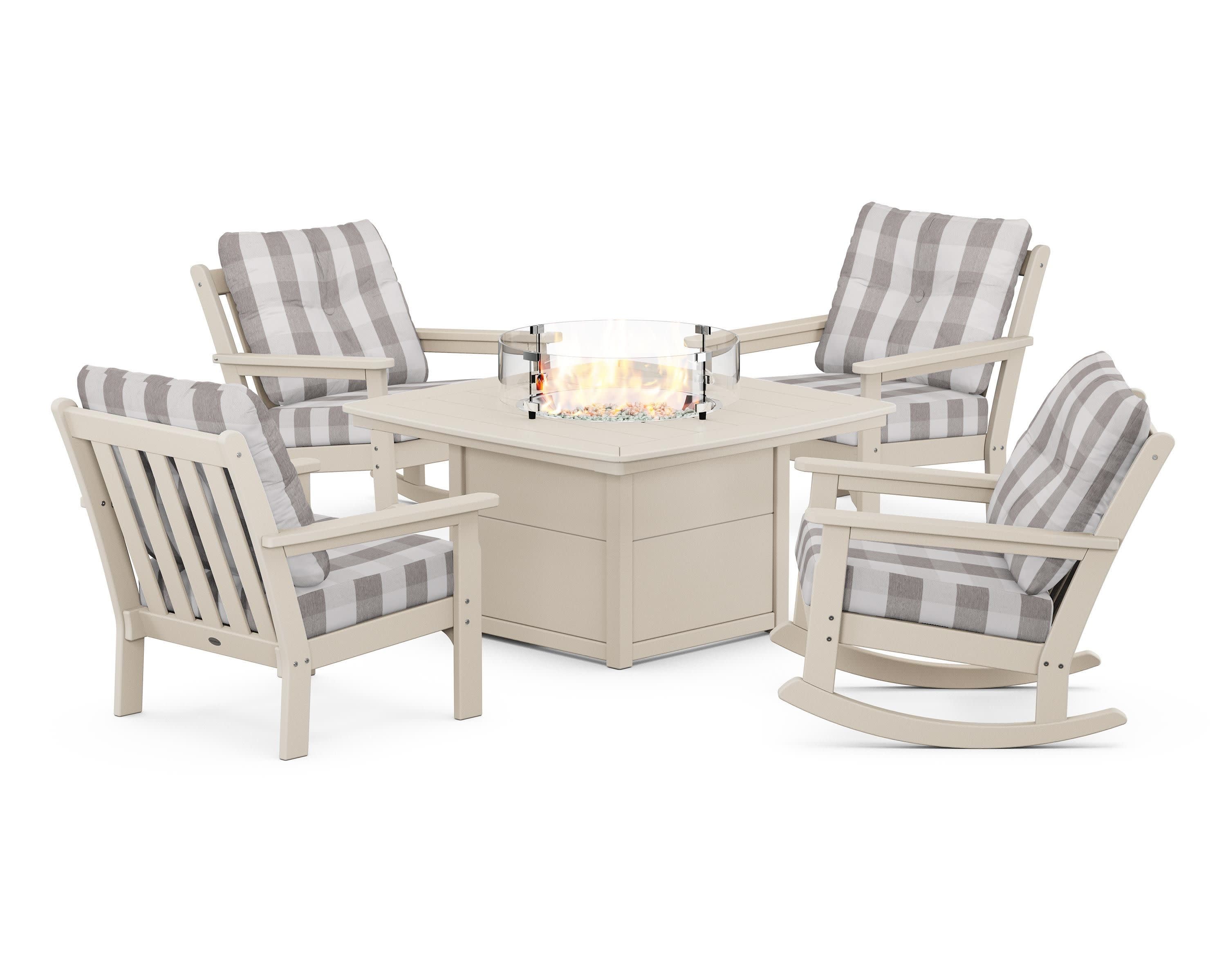 Vineyard 5-Piece Deep Seating Rocking Chair Conversation Set with Fire Pit Table in Sand / Buffalo Plaid Grey Mist