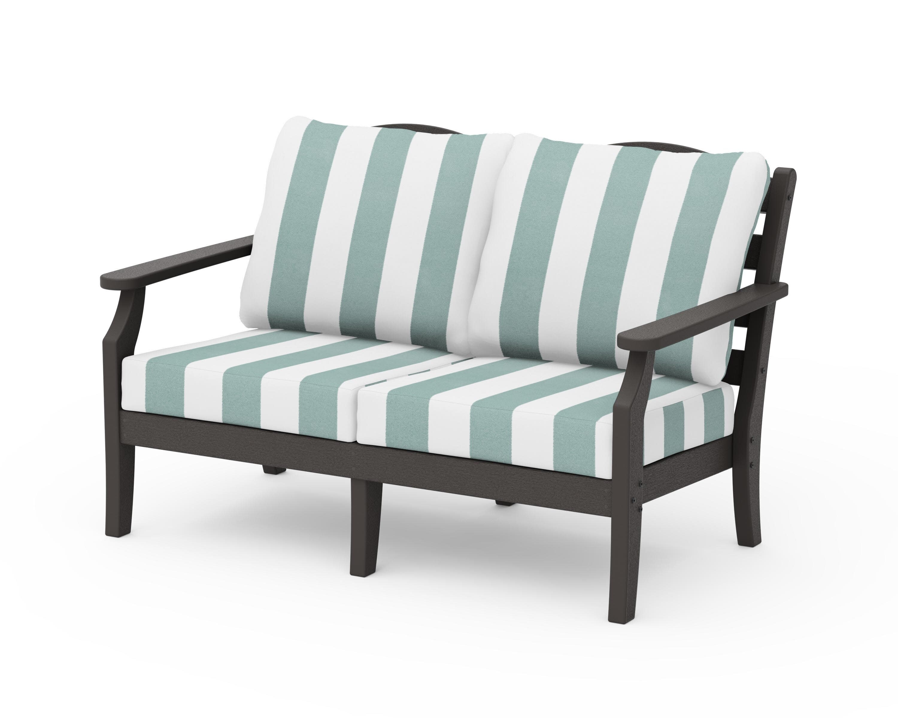 Savannah Deep Seating Loveseat in Vintage Coffee / Cabana Stripe Glacier Spa
