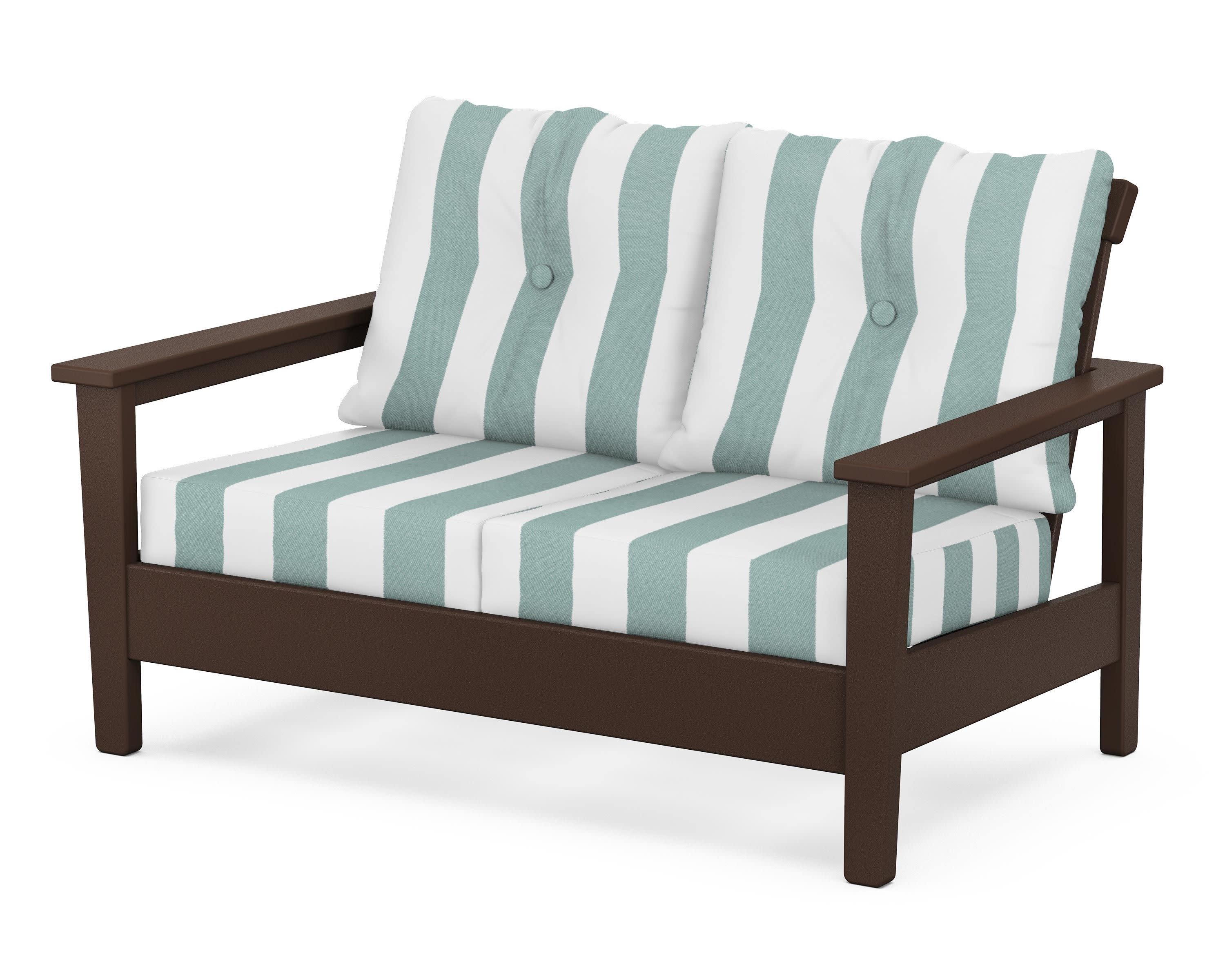 Prescott Deep Seating Loveseat in Mahogany / Cabana Stripe Glacier Spa