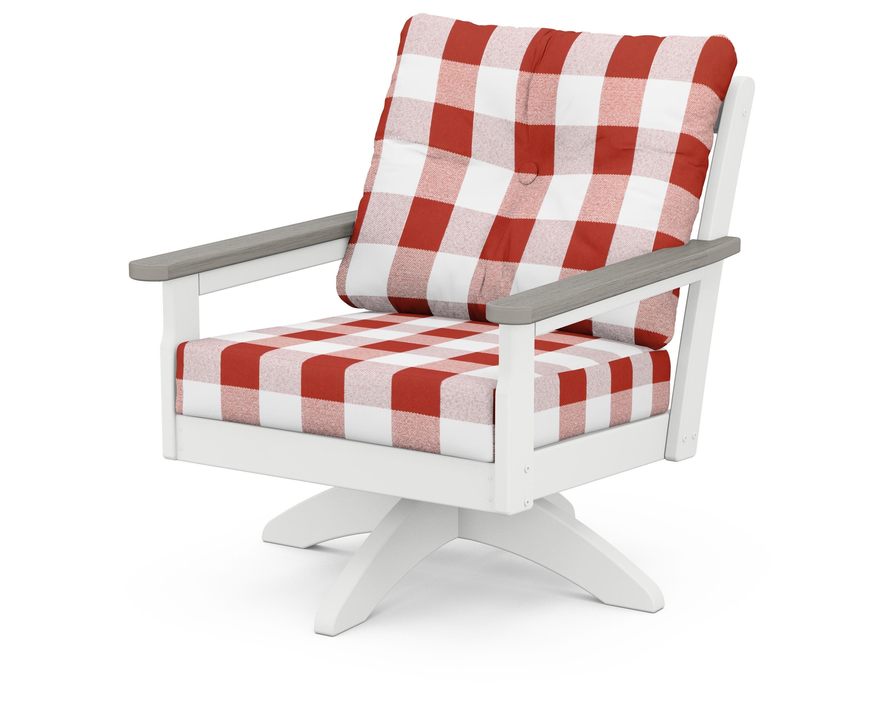 Vineyard Deep Seating Swivel Chair in White / Driftwood / Buffalo Plaid Crimson