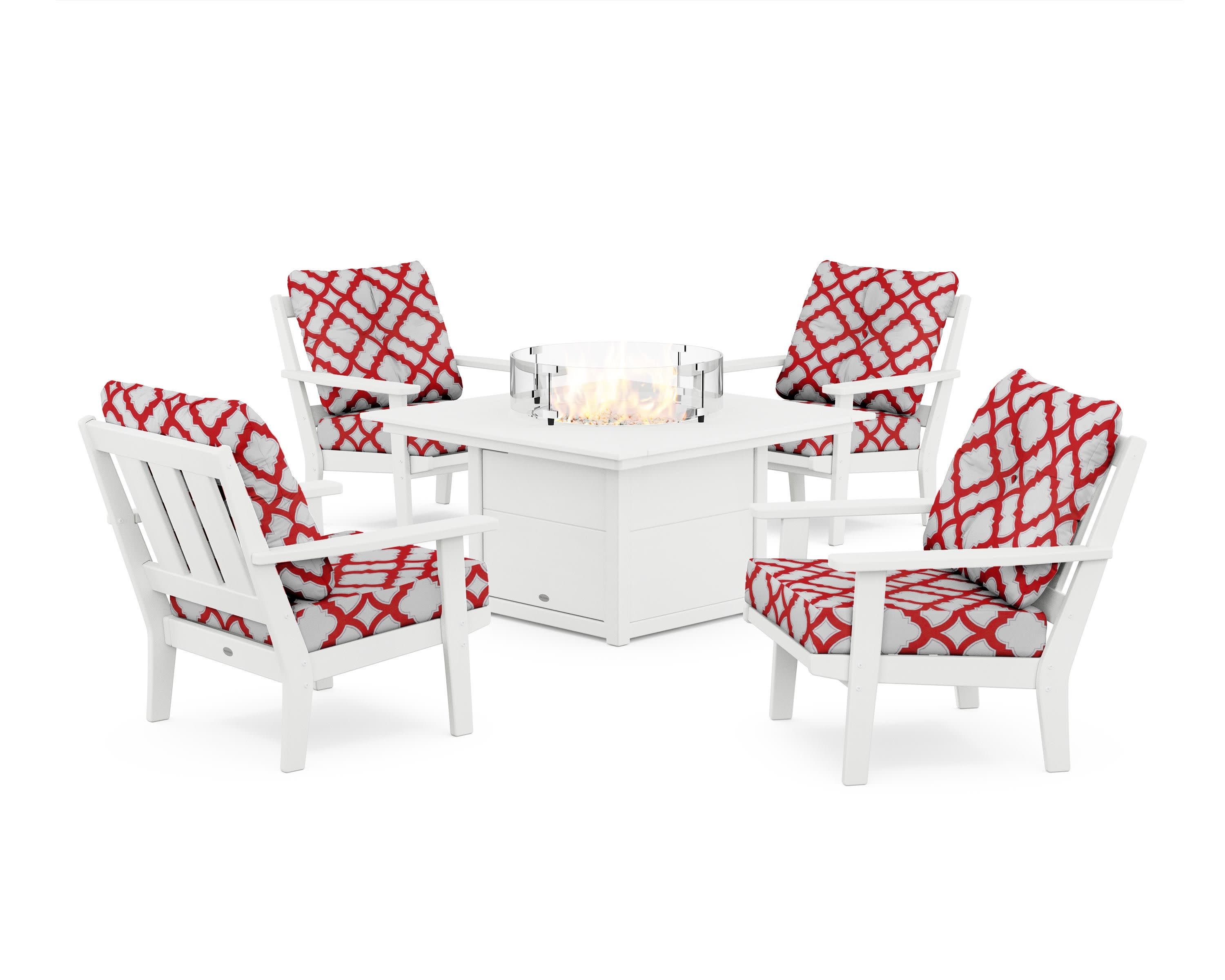 Oxford 5-Piece Deep Seating Set with Fire Pit Table in White / Trellis Crimson