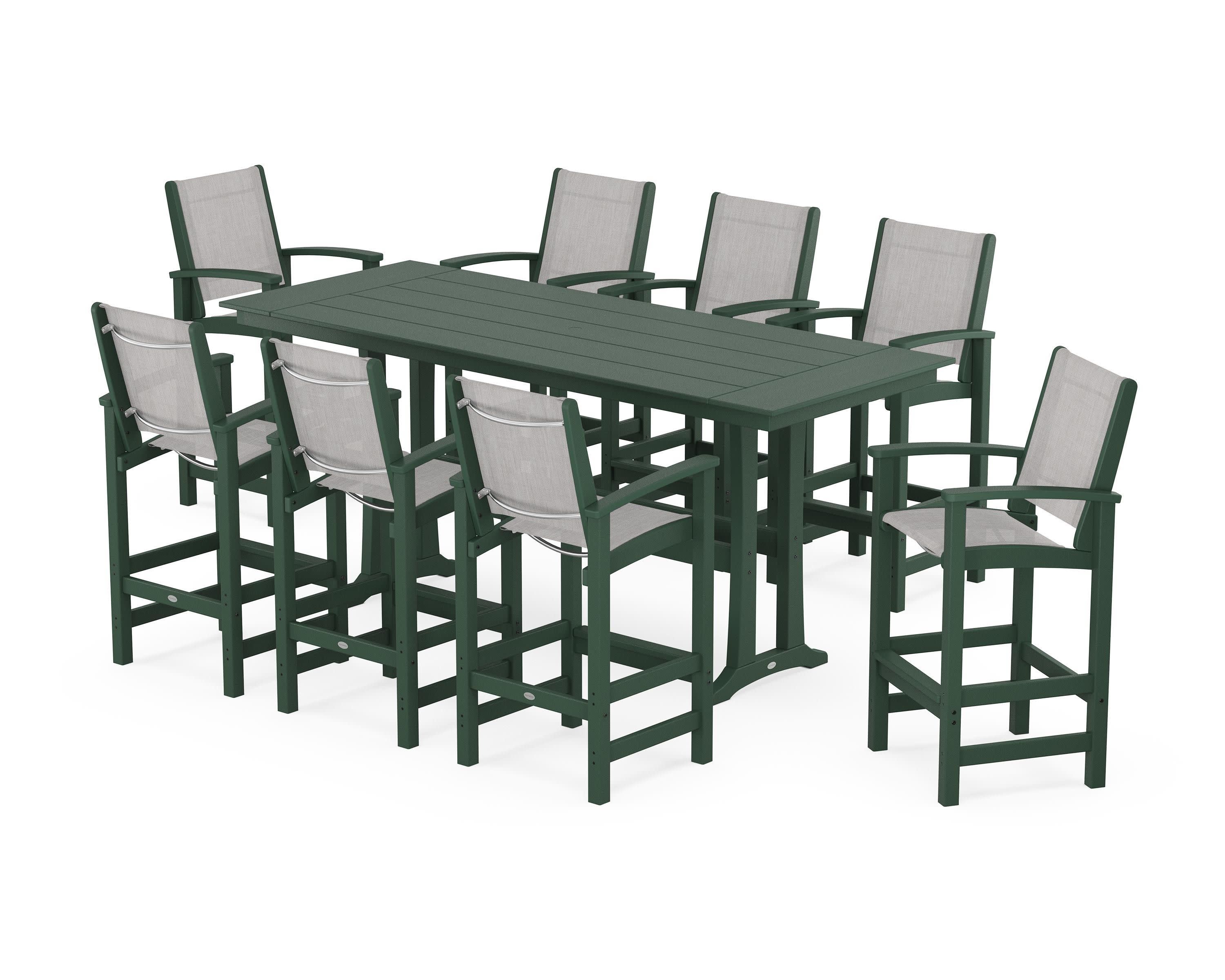 Coastal 9-Piece Farmhouse Bar Set with Trestle Legs in Green / Parchment Sling