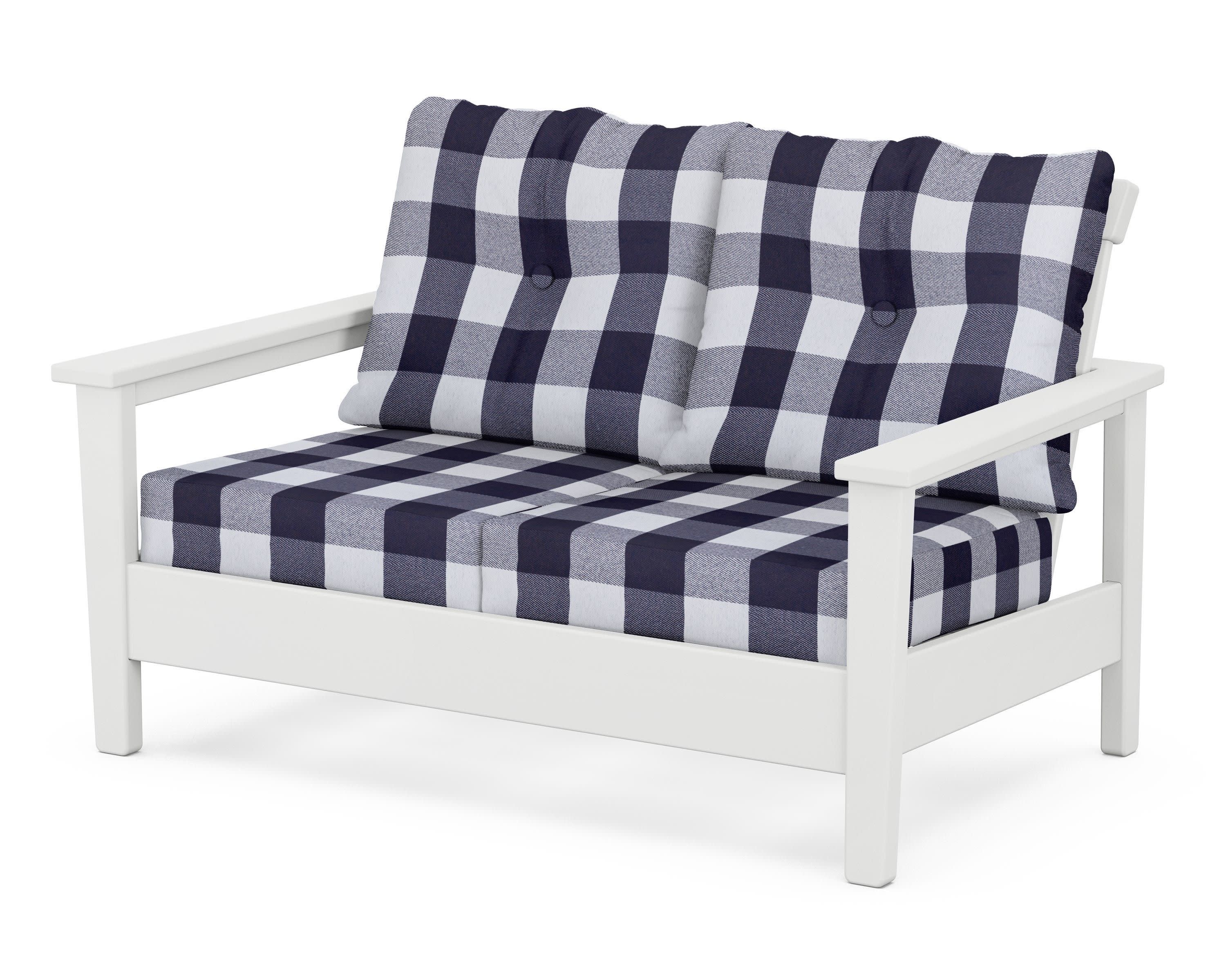 Prescott Deep Seating Loveseat in White / Buffalo Plaid Navy
