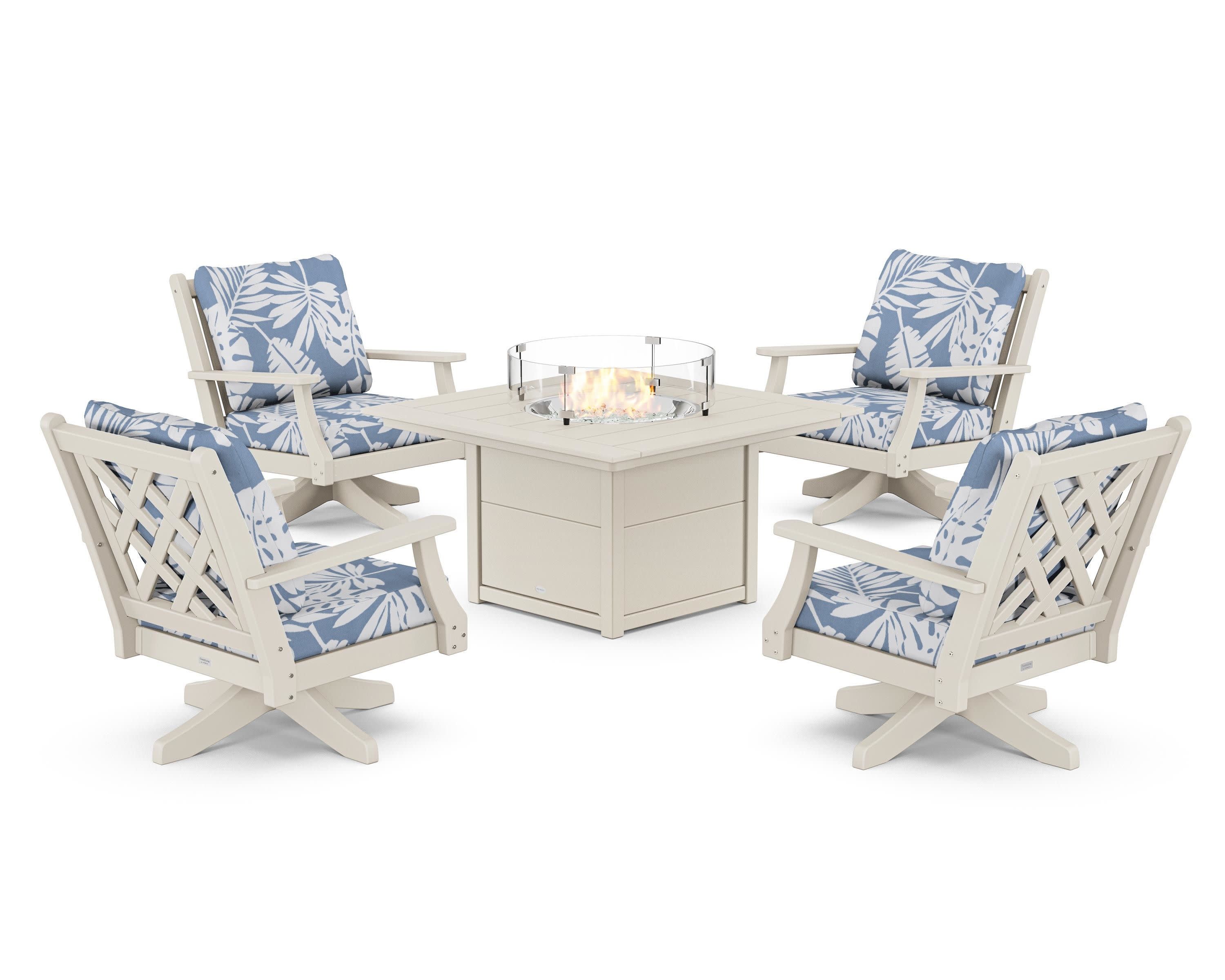 Wovendale 5-Piece Deep Seating Swivel Conversation Set with Fire Pit Table in Sand / Leaf Sky Blue