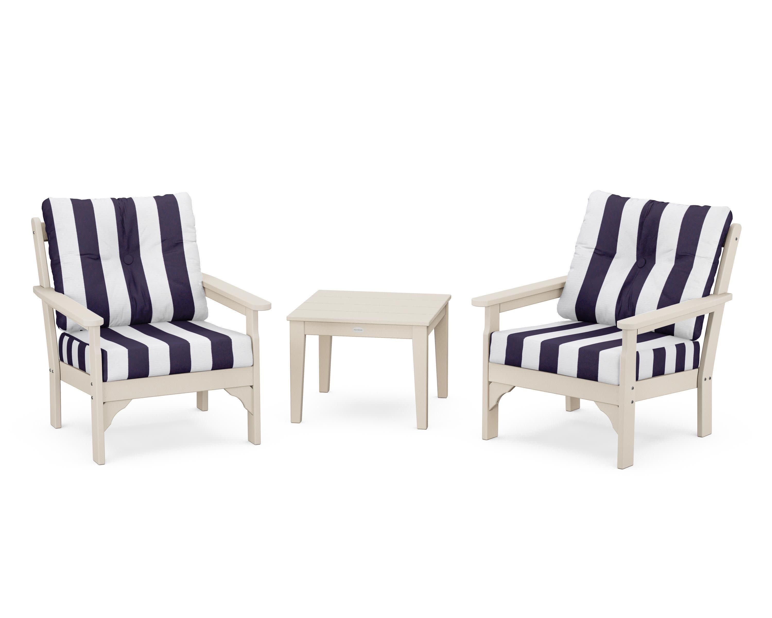 Vineyard 3-Piece Deep Seating Set in Sand / Cabana Stripe Navy