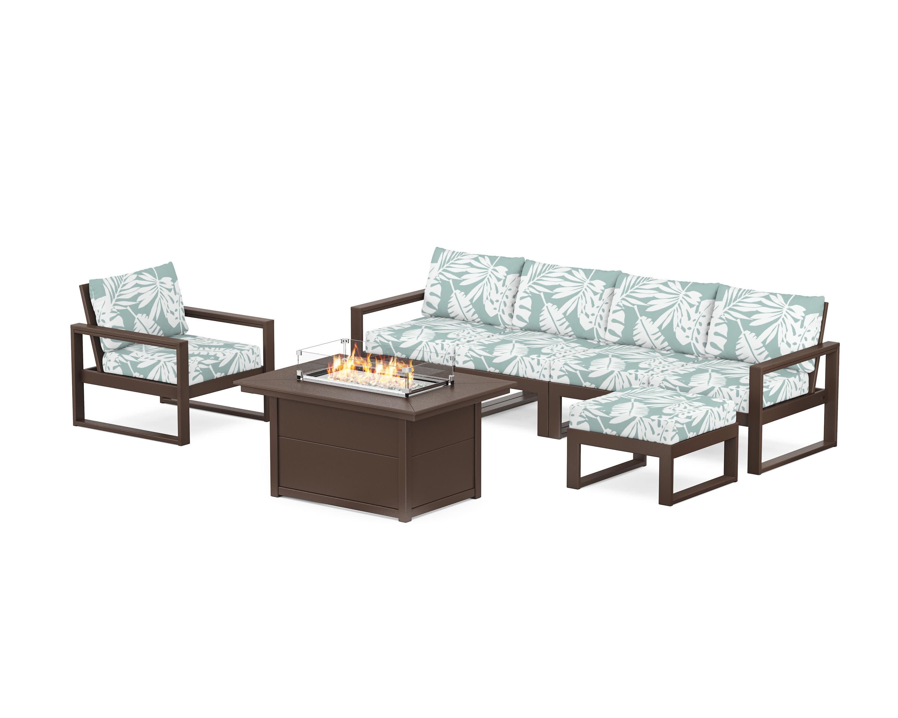 EDGE Sectional Lounge and Fire Pit Set in Mahogany / Leaf Glacier Spa